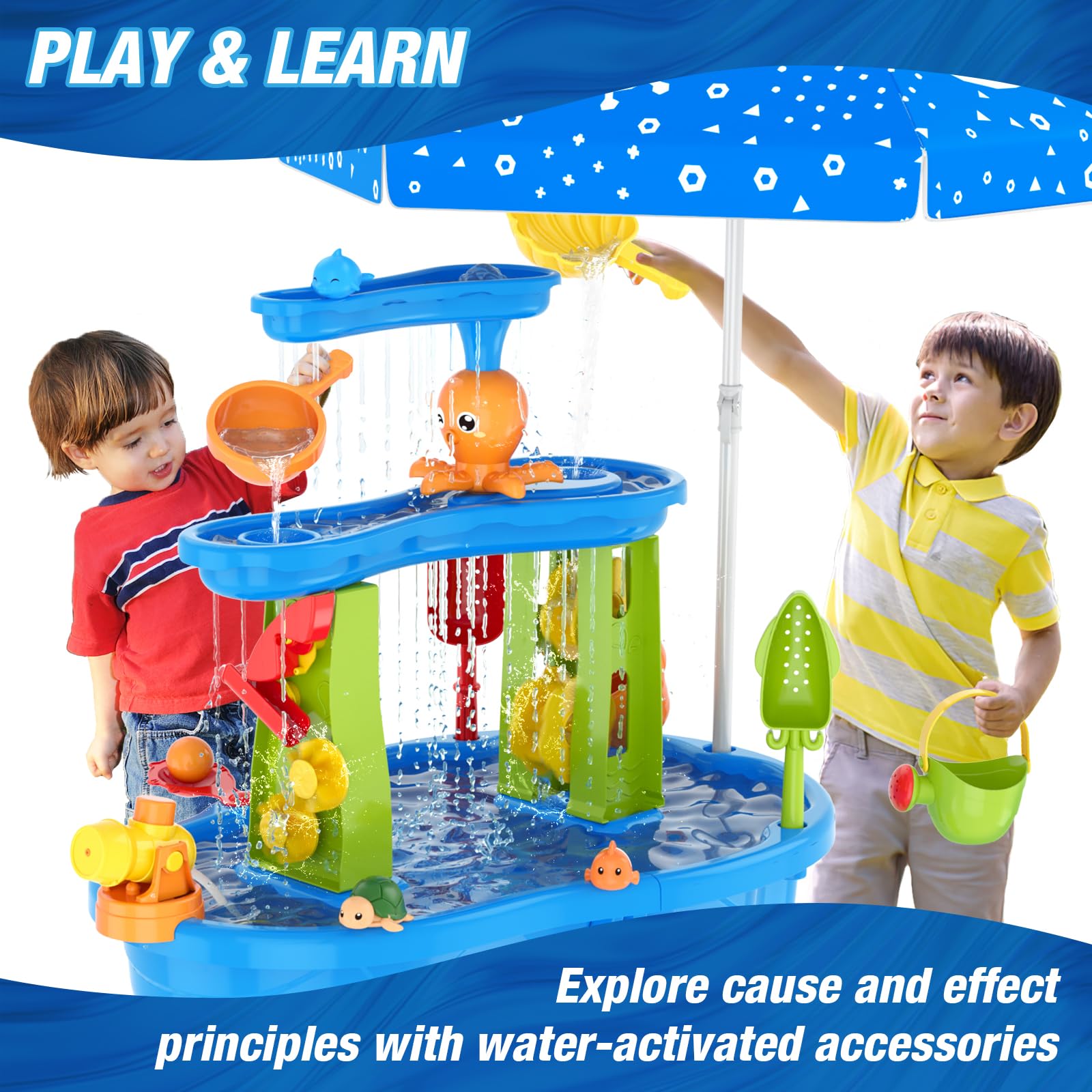 HYES Table d'eau pour Enfants, 3-Tier Table Sable et Eau Jouets avec Parapluie, Douches de Pluie Splash étang pour Plage Cour, Table Eau Sable Jeux de d'été Exterieur pour Garçons Filles, Bleu