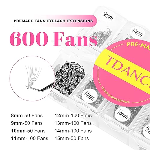Miniatura 2 de TDANCE Extensiones de pestañas prefabricadas con 600 abanicos, de 0.315 a 0.59 pulgadas, longitud mixta, 5D, 8D, 10D, 12D, 14D, 16D, 24D, Promades,