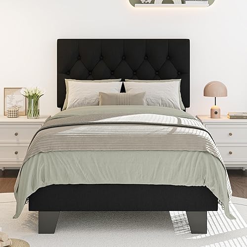 Miniatura 13 de iPormis Base de cama tapizada tamaño Queen con cabecera capitoné con botones, cama plataforma de lino con patas de soporte gruesas, no necesita