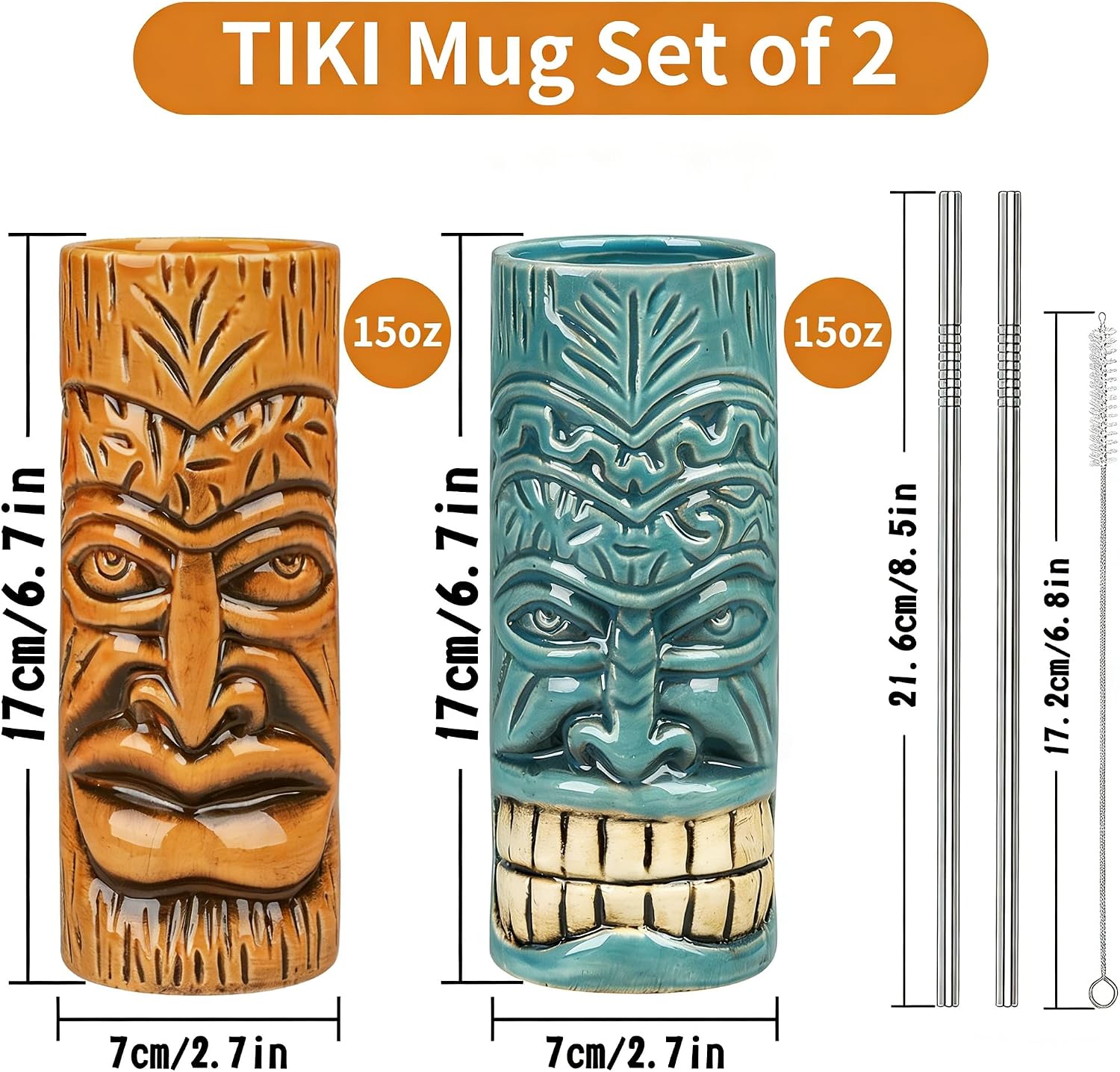 SuproBarware TIKI Mug Set - Set of 2 Ceramic TIKI Mug 15oz/440ml Tropical Style Cocktail Glass Set for Cocktail Lover (Orange&Blue)