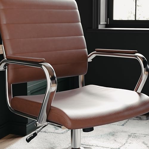 Miniatura 9 de Martha Stewart Piper - Silla giratoria con reposabrazos para oficina en casa en piel sintética marrón con marco de níquel pulido