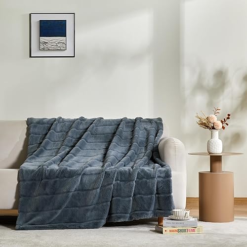Sophia & William Throw Blanket for Couch Sofa(90x90 Inches) - Faux Fur Throw Soft Cozy, Gifts for Women, Blue