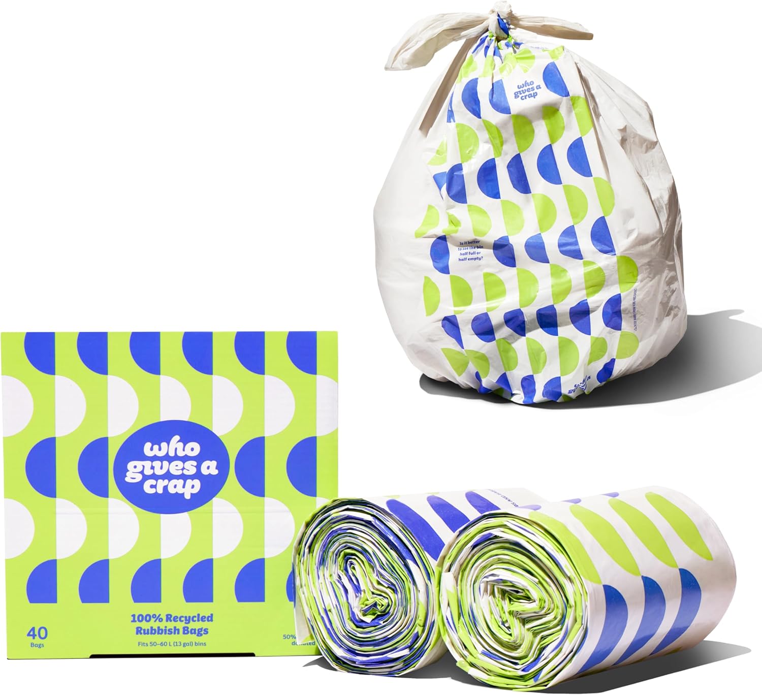 Who Gives a Crap 100% Recycled Tall Kitchen Trash Bags, 40 Count, 13 Gallon, Sustainable Garbage Bags for Kitchen or Large Trash Cans, Designed to Help Resist Leaks and Tears, Durable Tie Handles