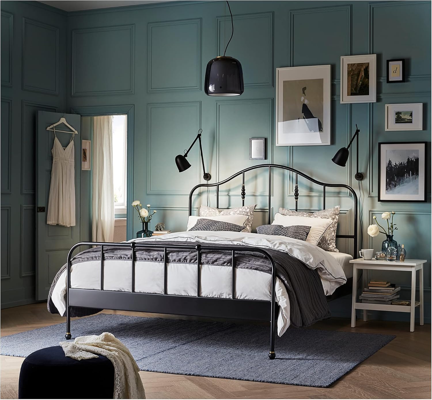 Close-up view of the wooden bed slats providing support for the mattress.