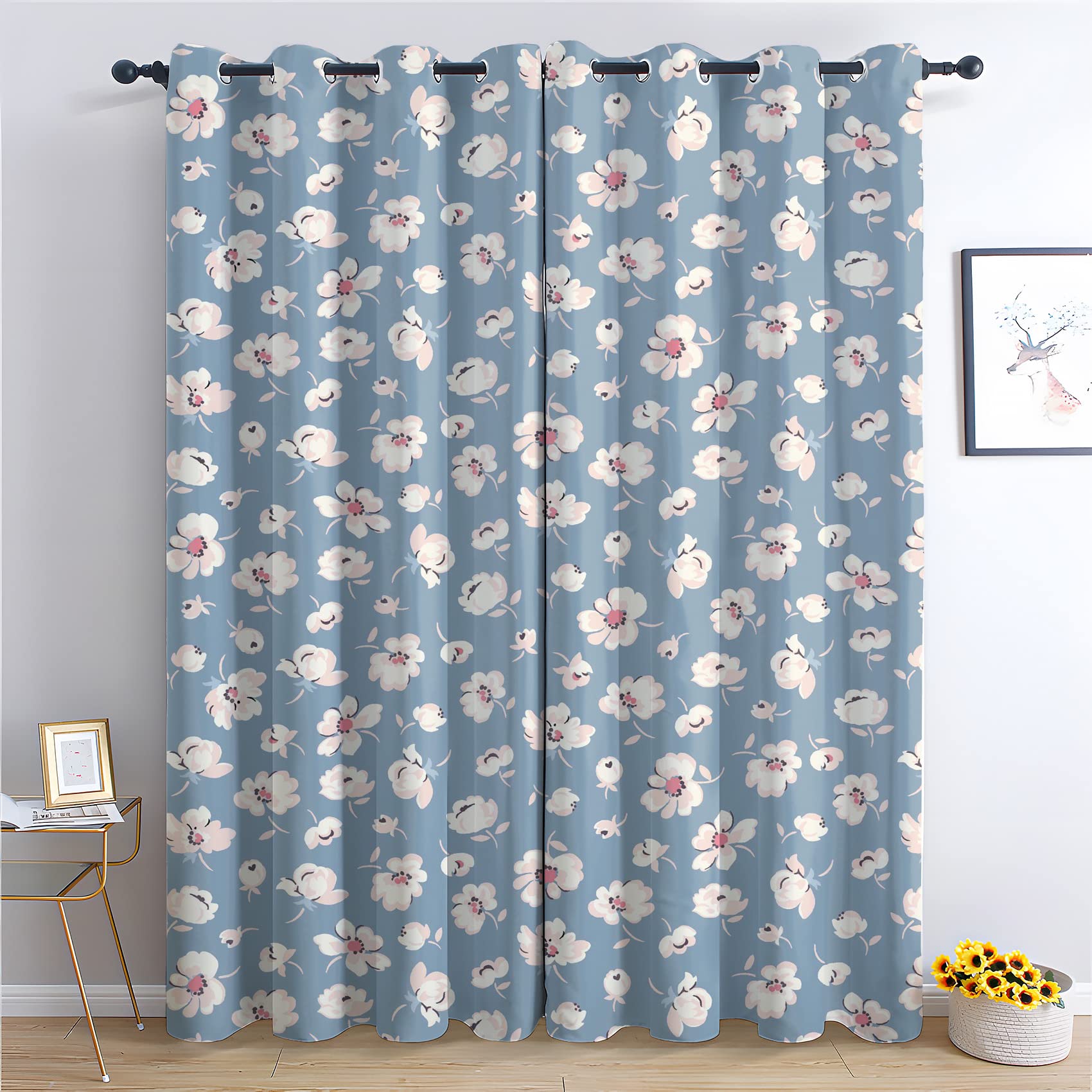 WQIZXCW Floral Blackout Curtains for Bedroom Living Room, Flower Print Thermal Eyelet Curtains, 90 Drop Patterned Window Treatments, 90x90 Inch (W X L), 2 Panels - Blue