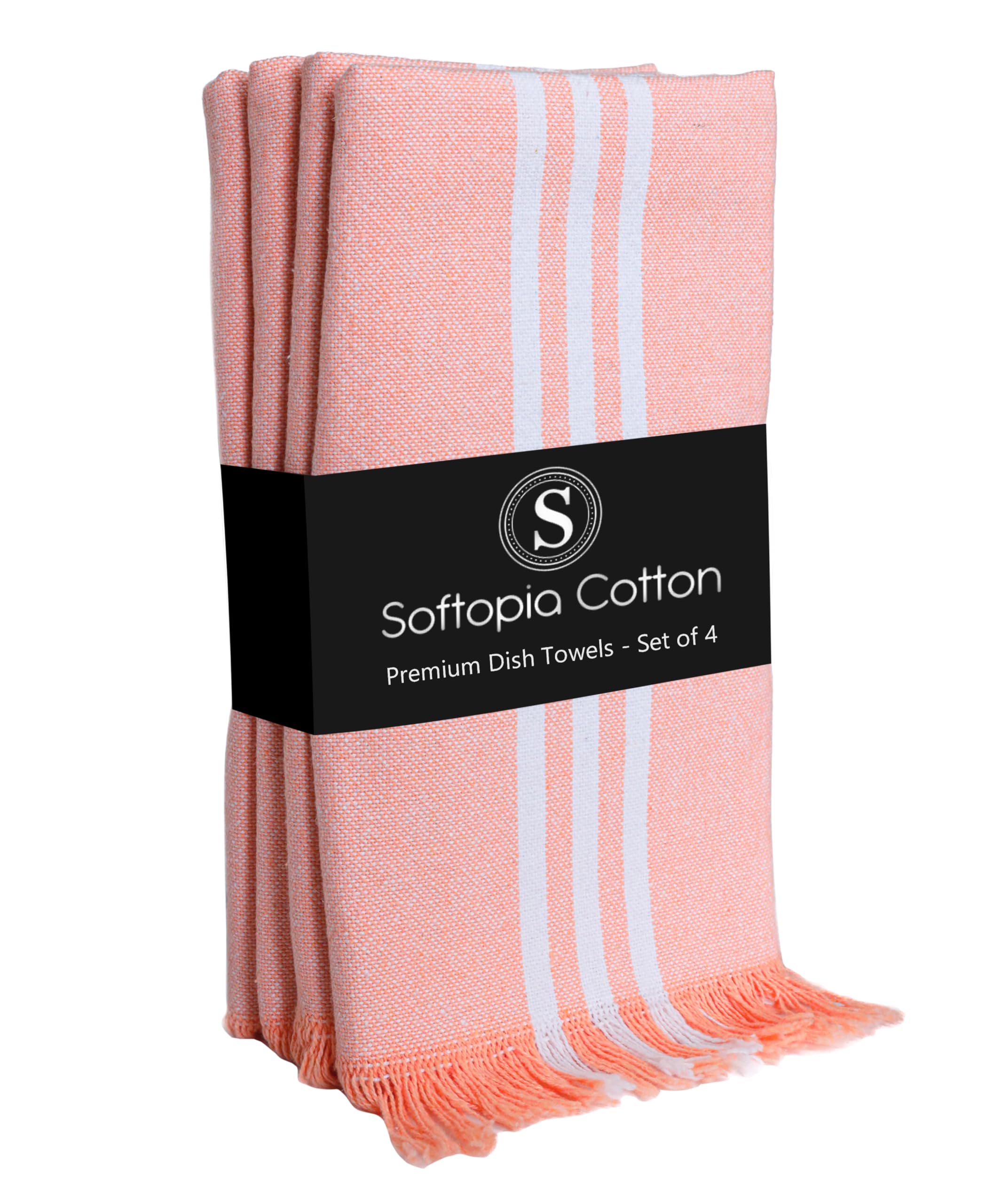 Prewashed Stripe Dish Towels 4 Pack, 16x26 Inches, 100% Cotton Kitchen Cloths, Quick Drying Wash Rags, Reusable and Absorbent, Washable Towels for Cleaning, Cooking - Light Orange