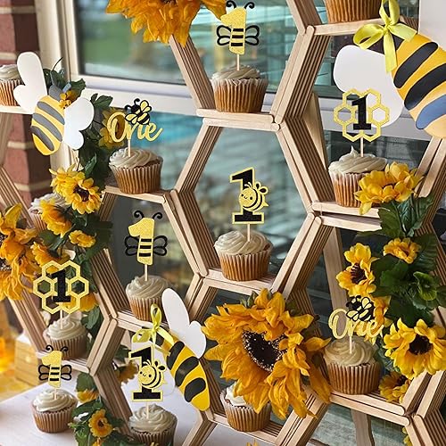 Miniatura 5 de 24 piezas de decoración para cupcakes con purpurina negra y dorada número 1 para cupcakes de abeja, decoración de pastel de primer cumpleaños para