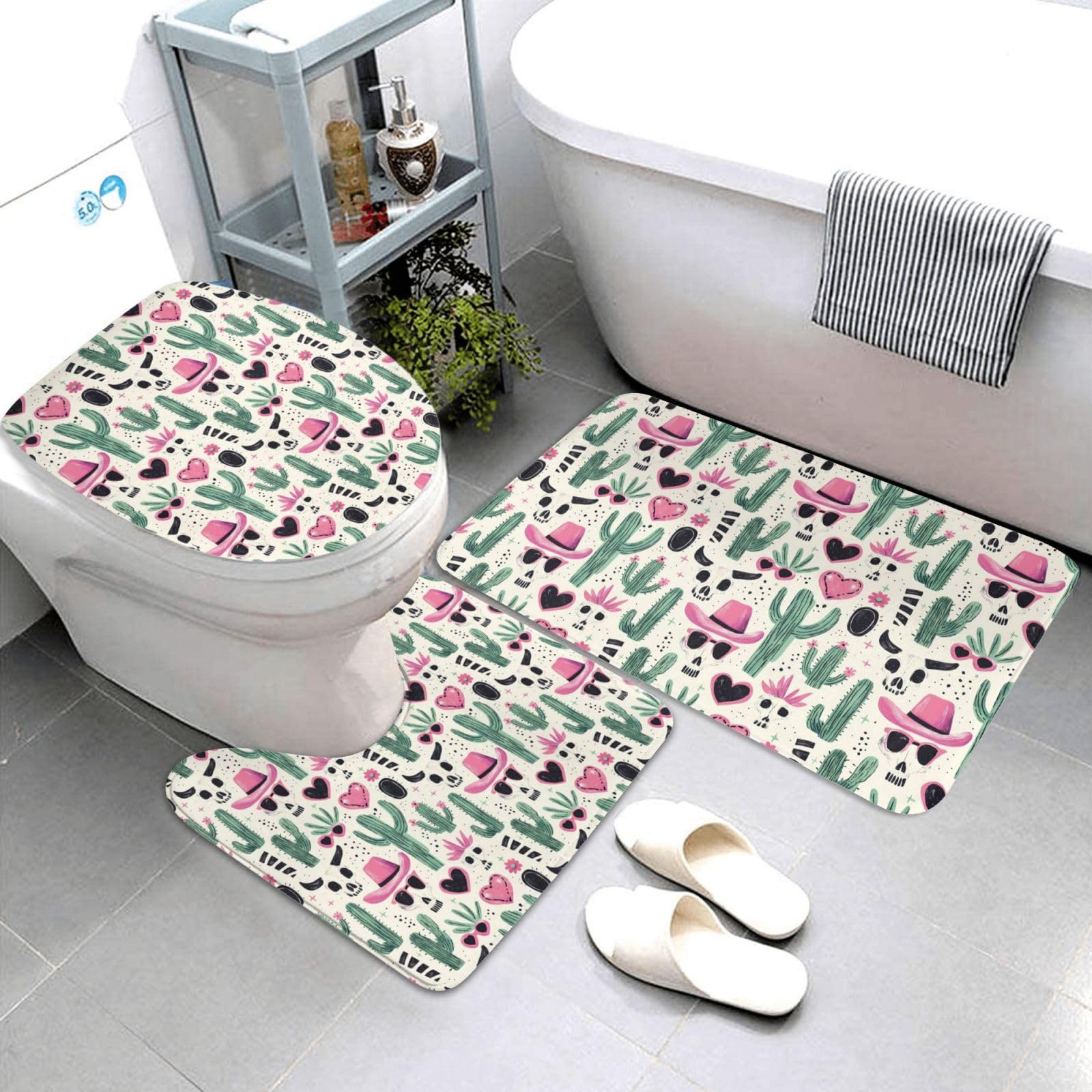 Tapis de bain doux et antidérapant lavable motif crânes roses lot de 3