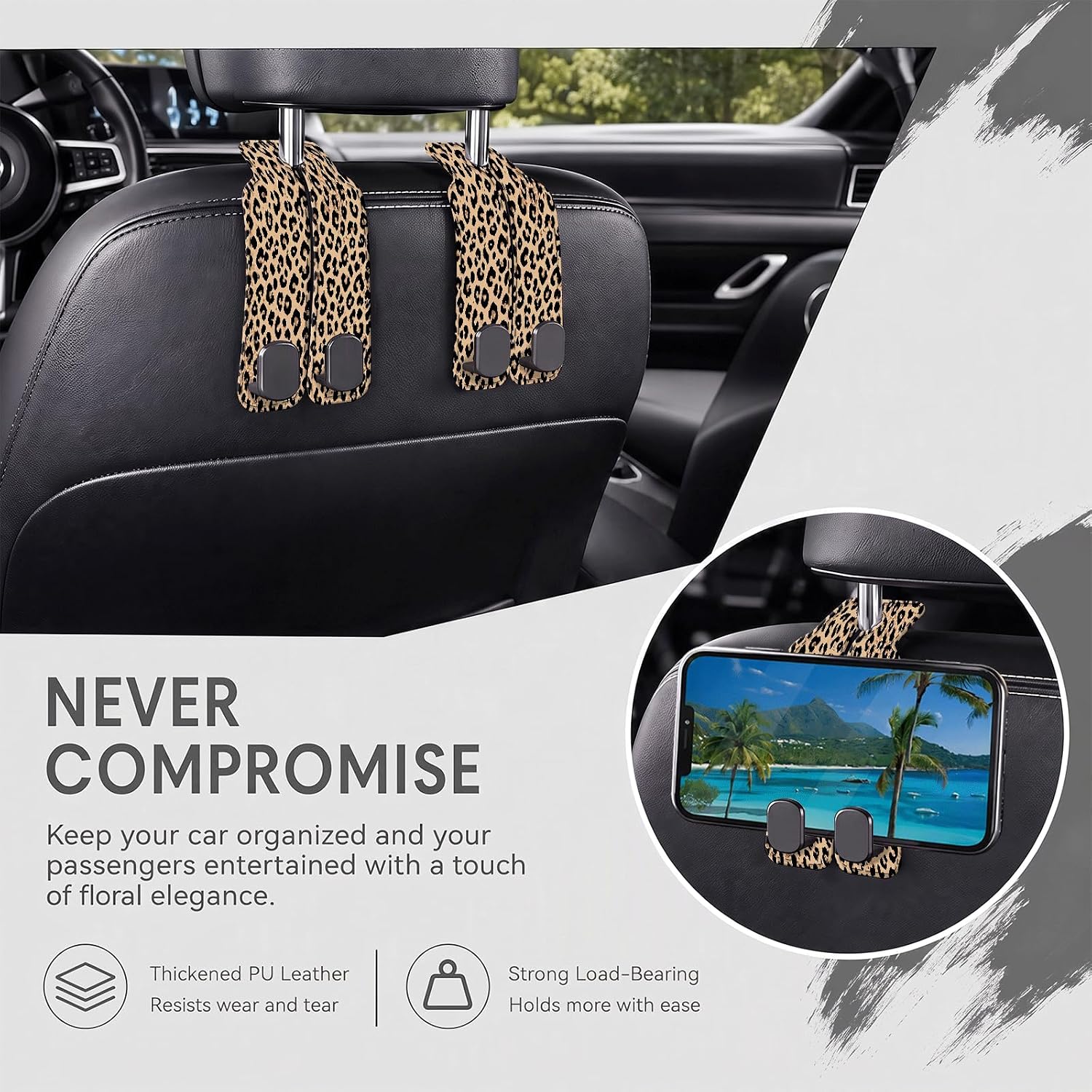 Car Purse Hook Purse Hook for Car Seats Headrest Car Seat Hook, Universal Cute Car Hanger Holder, Car Interior Accessories for Handbags Luxury Brown Leopard image 4