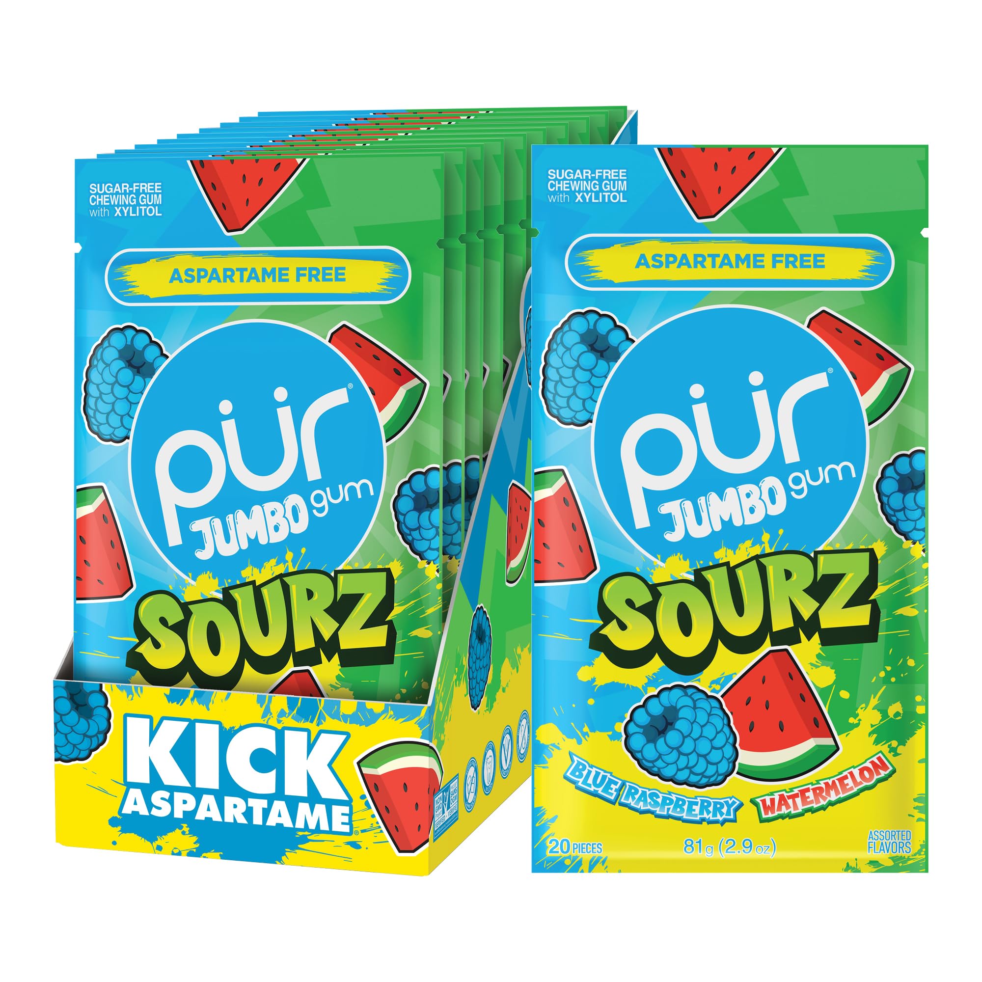 PUR Jumbo SOURZ Gum | Aspartame Free Chewing Gum | 100% Xylitol