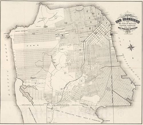 Mapa histórico Mapa y Directorio de la calle de San Francisco, 1870, arte de pared vintage, 18.0 x 16.0 in