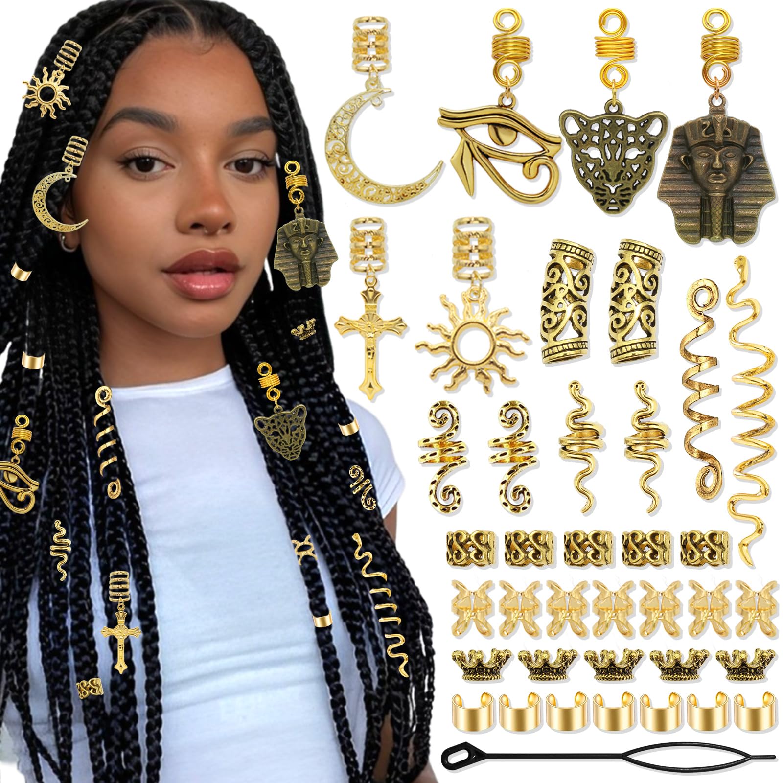 VENOFEN 40PCS Snake Loc Dreadlock Jewelry Gold Braid Clips Hair Pendant Metal Hair Cuffs Rings Spiral Braids Accessories for Women and Men