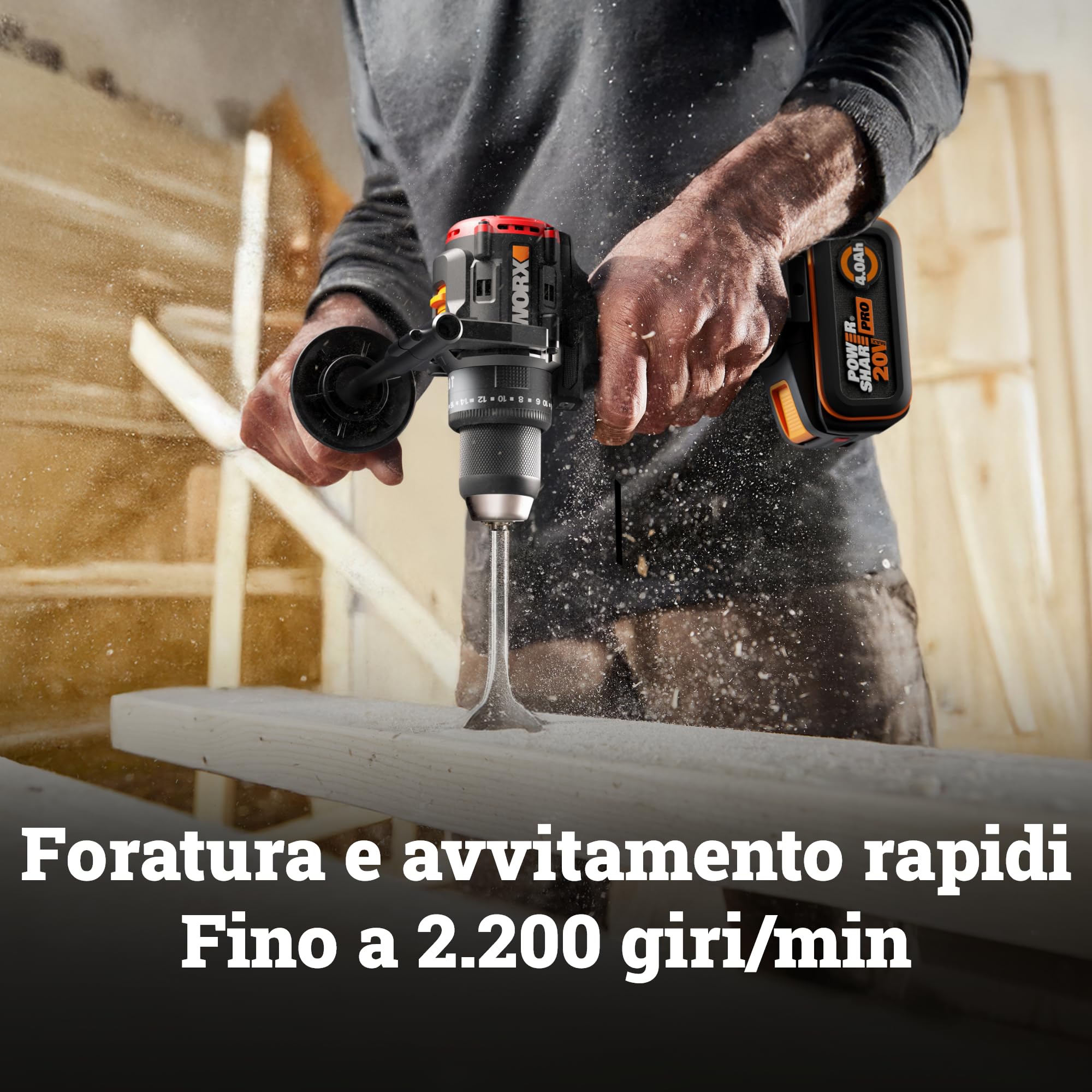 WORX WX356 - Trapano avvitatore a percussione a batteria, 20 V, 85 Nm, motore brushless, 2 marce, 0 – 2200 giri/min, 13 mm, con 2 batterie da 4,0 Ah, caricatore e impugnatura supplementare