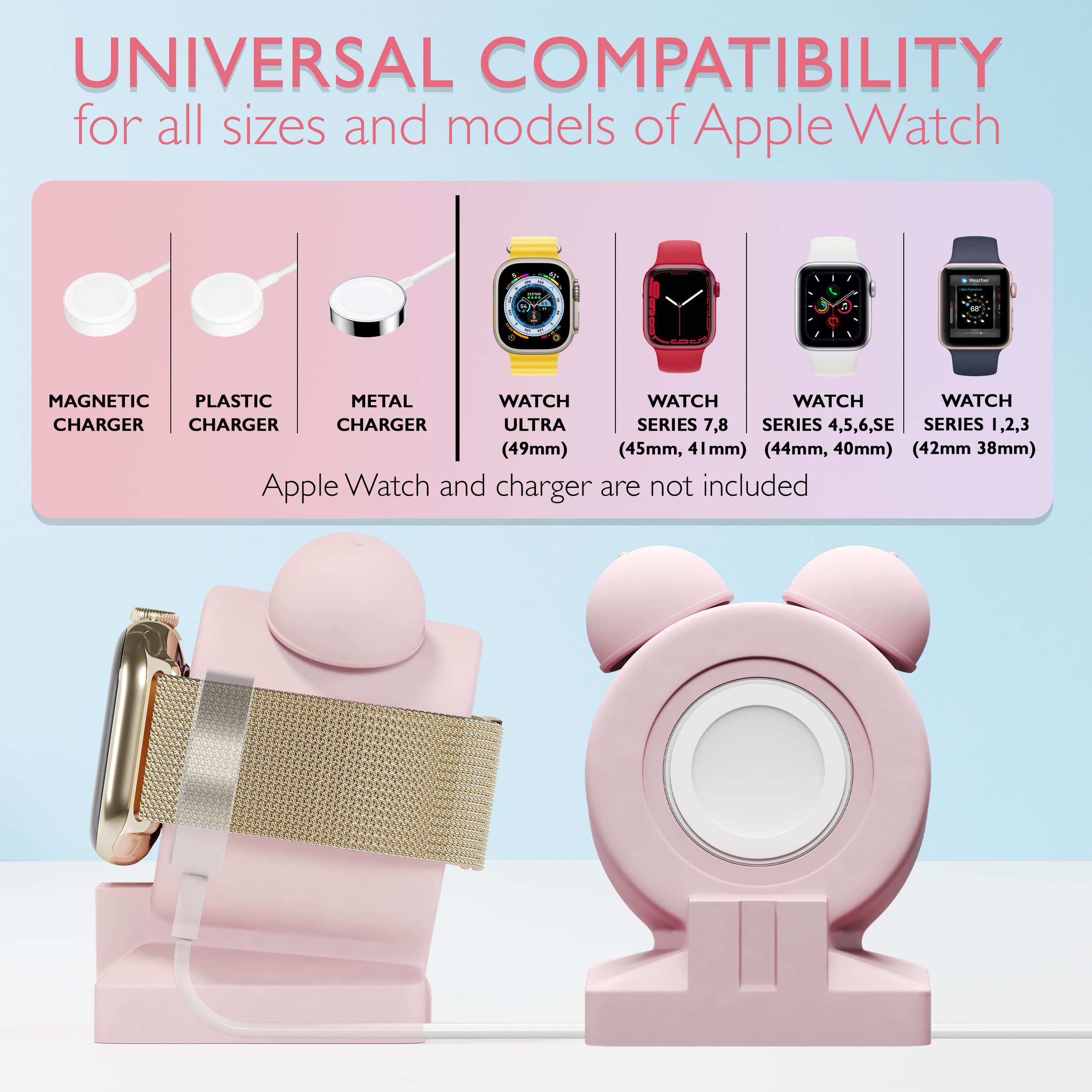 iWatch Charger Stand for Apple Watch Series Ultra2/Ultra/10/9/8/SE2/7/6/SE/5/4/3/2/1 (49/46/45/44/42/41/40/38mm) ?ute Silicone Holder Supports Nightstand Mode Charging Dock Accessories