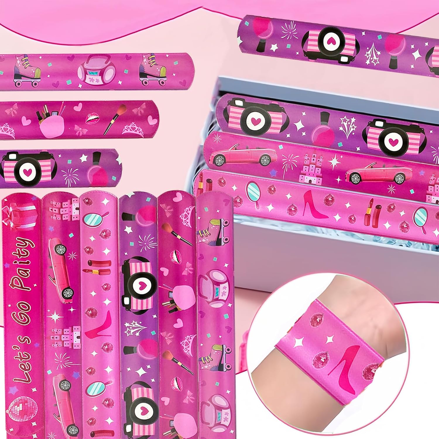 CZWXOXO 24 Pcs Pink Party Decorations Favors Princess Bracelet Wristbands Bracelet Slap Bracelets Pink Party Birthday Supplies