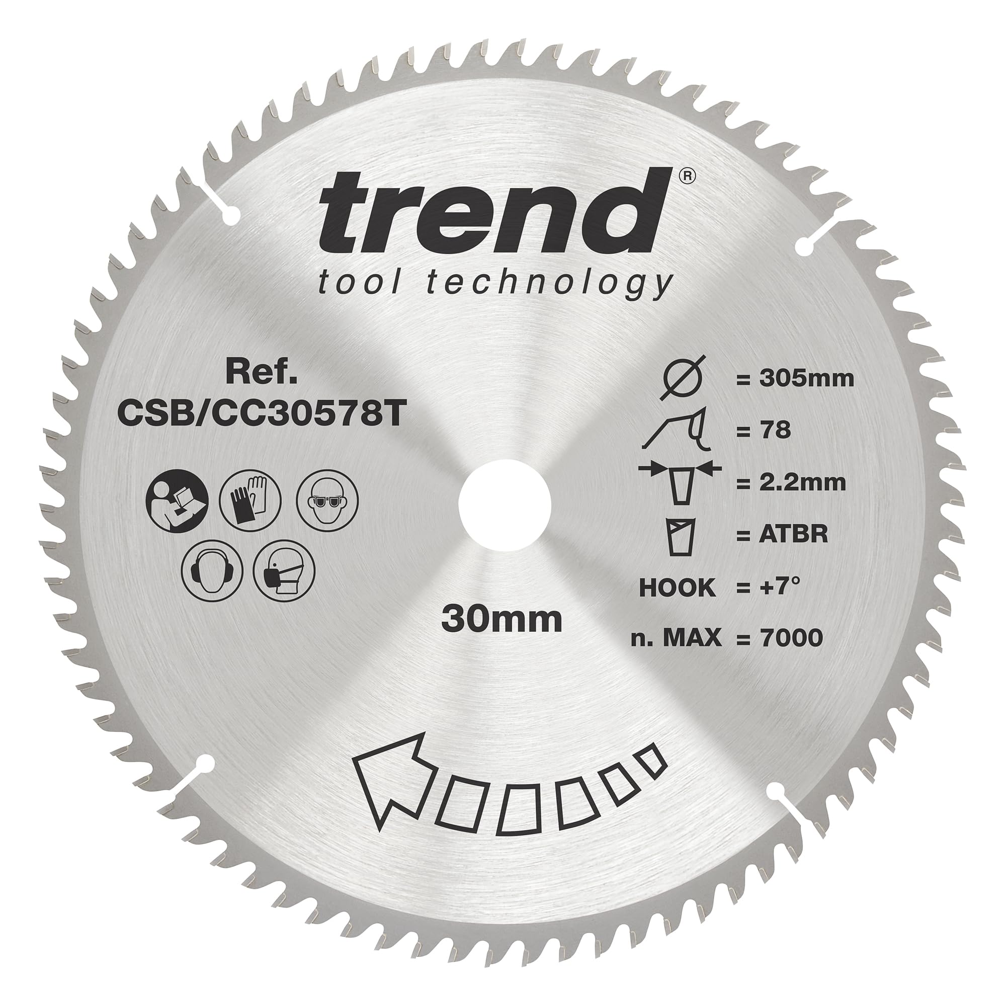 Trend Tungsten Carbide Tipped Wood Cordless Atbr Mitre Saw Blade, 305Mm Diameter, 30Mm Bore, 78 Teeth, 2.2Mm Kerf, +7° Hook, Tct, Fine Finish, Csb/Cc30578t