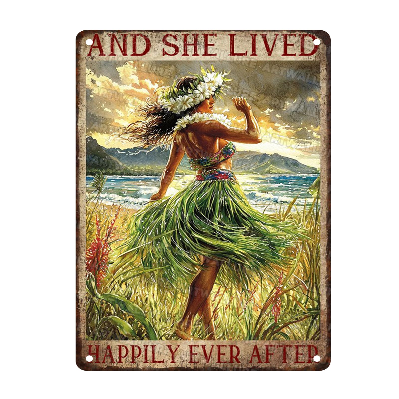 Hawaiian Hula Girl Vintage Metal Poster and She Lived Happily Ever After Metal Sign Retro Wall Decor for Backyard Garage Man Cave 12x16inch