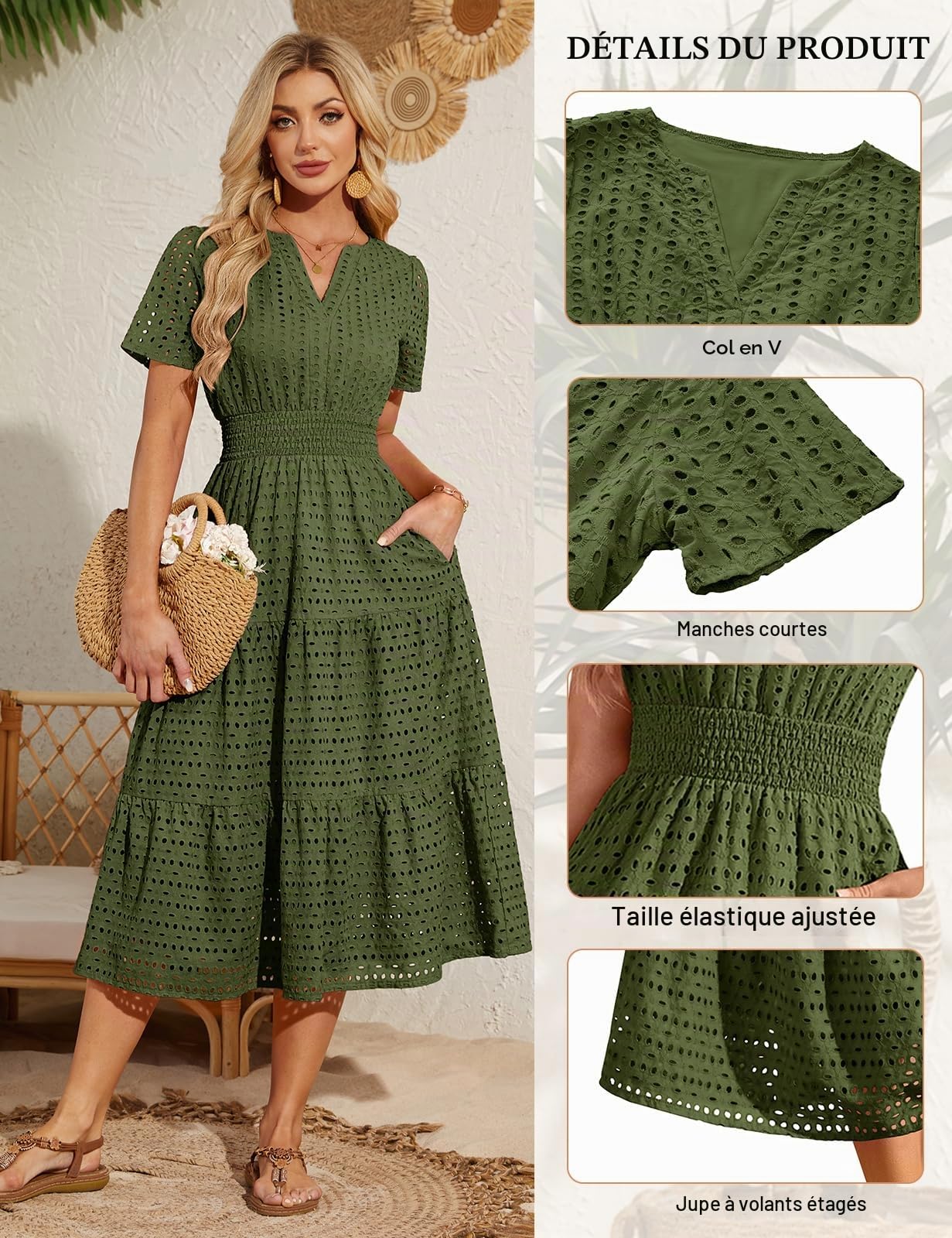 heekpek Robe Ete Femme Longue Coton Boheme Chic Robe à Col en V Taille Haute Crochet Dentelle Ligne A Manches Courtes Robes de Plag