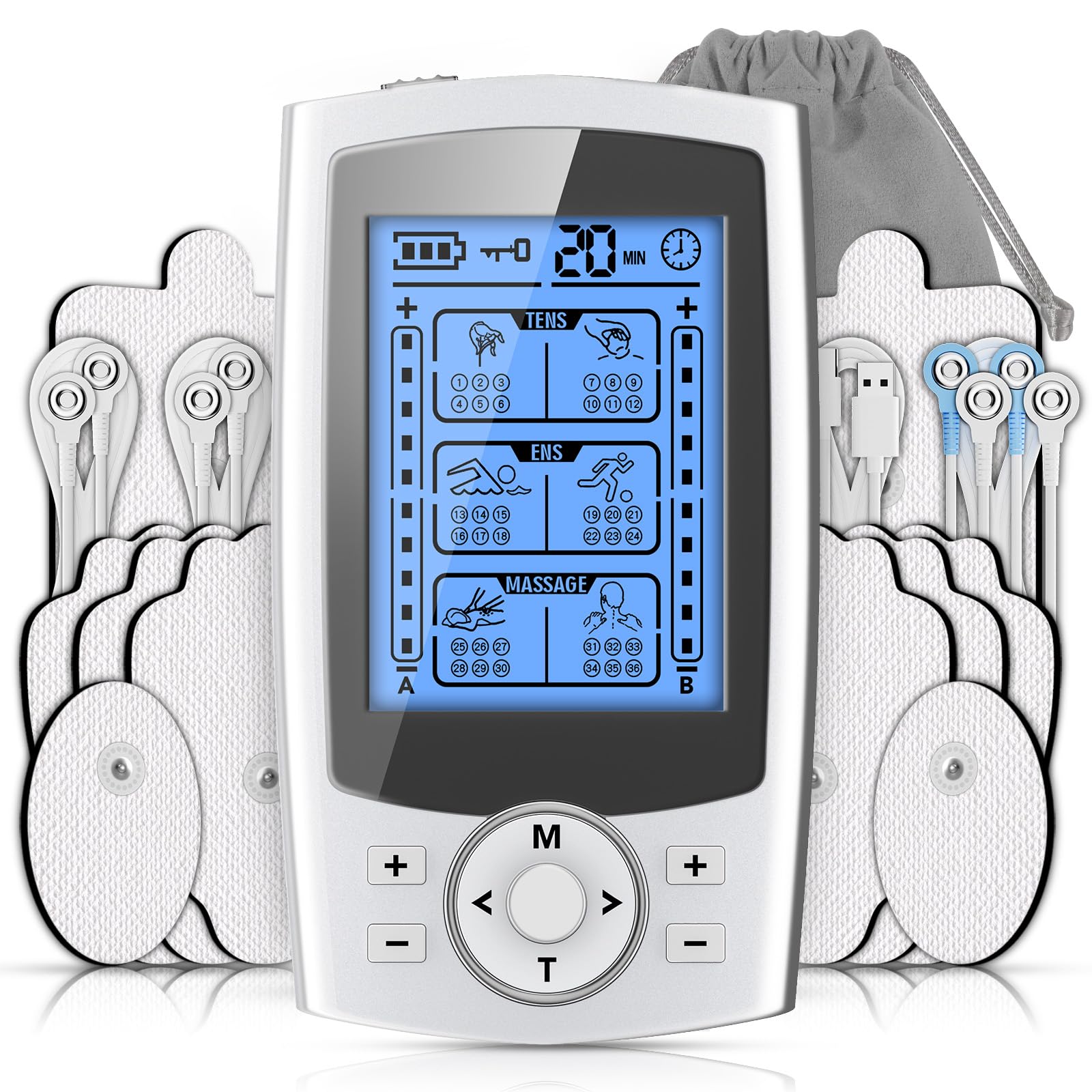 TENS EMS Elettrostimolatore Muscolare, 3 in 1 per Alleviare Il Dolore e Costruire Muscoli, Funzione Massaggio, con 2 Canali e 36 modalità, 20 Livelli di Intensità, 10 Pezzi di Elettrodi TENS