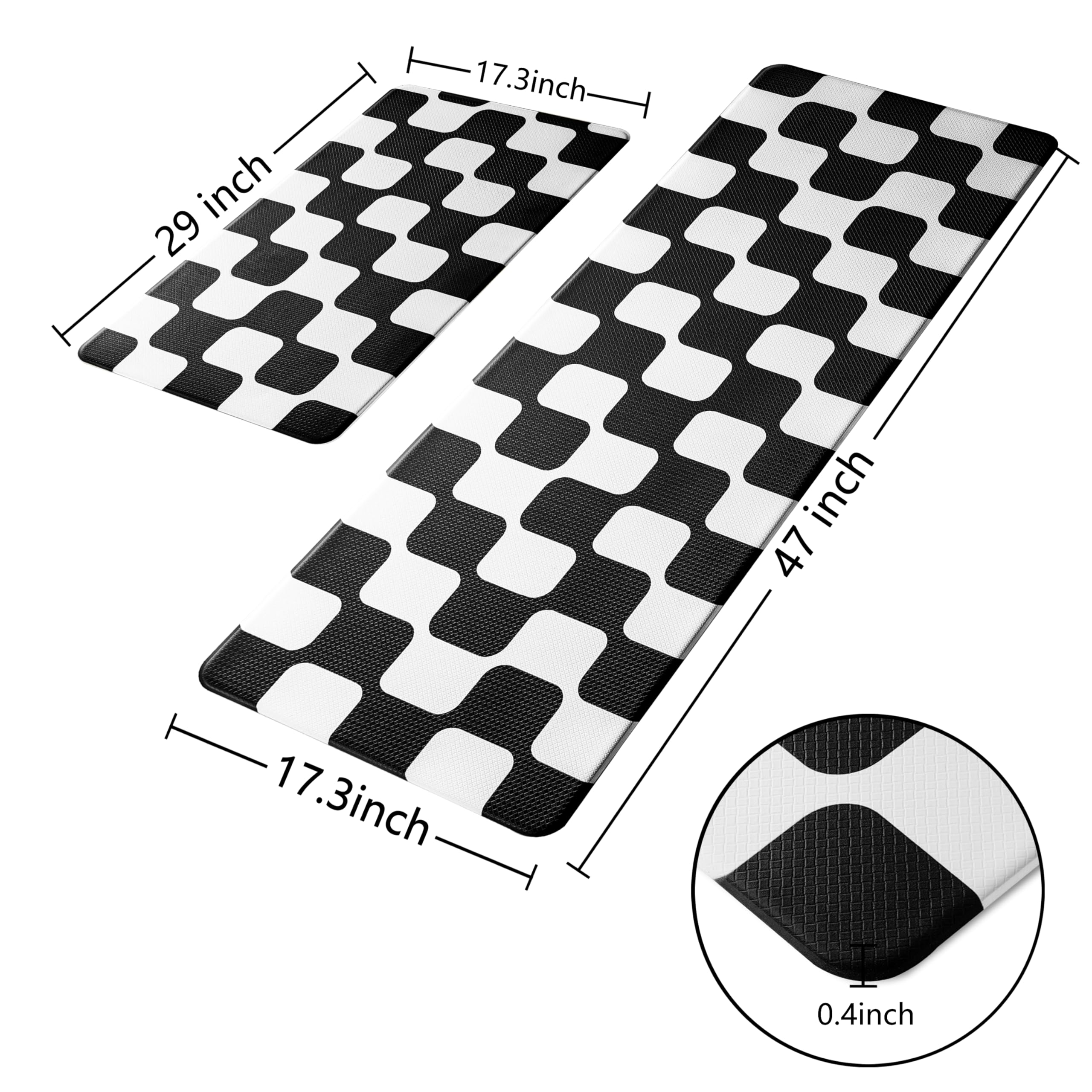 Juego de 2 alfombras de cocina a cuadros retro con curvas negras [2 piezas], antifatiga, impermeables, antideslizantes, resistentes, ergonómicas, cómodas, para suelo, hogar, lavandería, 17 x 29