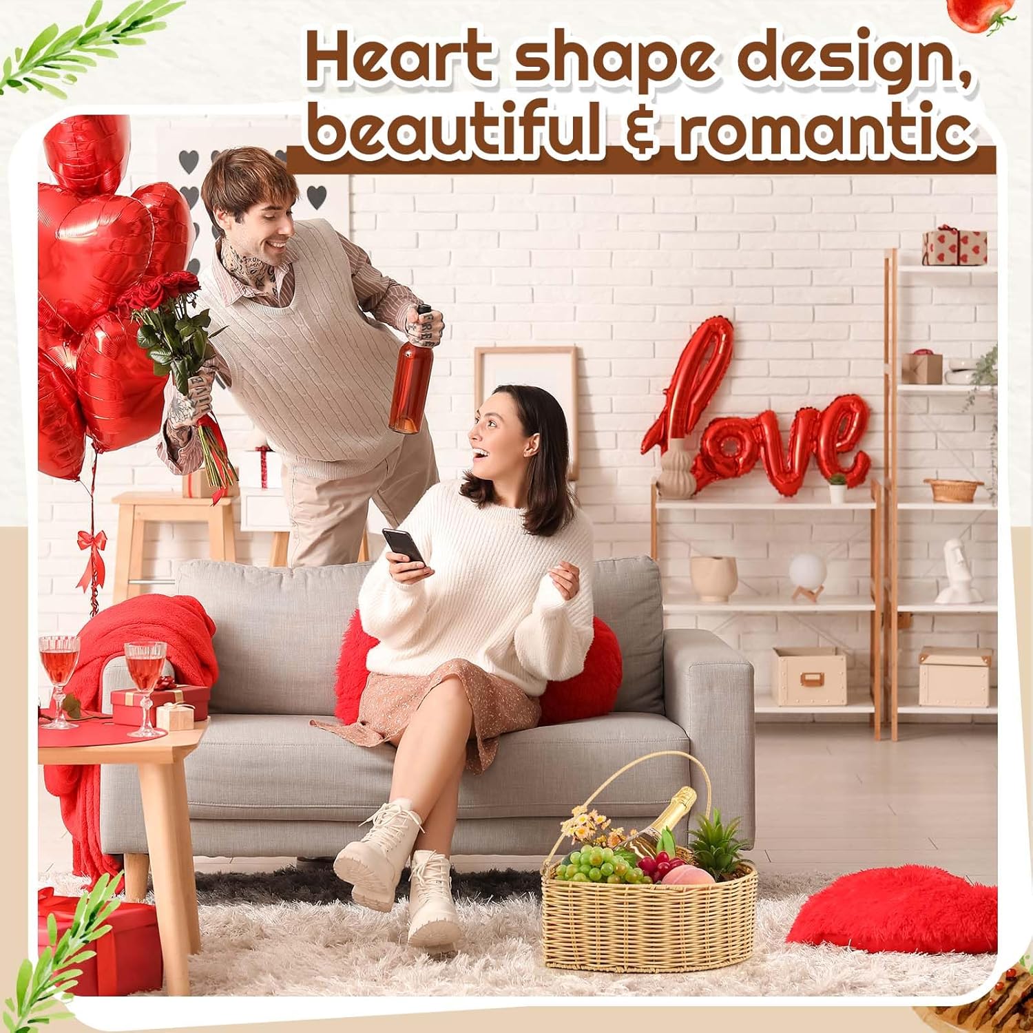 Qinyoung 2 Pcs Heart Wicker Picnic Basket with Handle Medium and Small Heart Shaped Baskets Hand Woven Rattan Empty for Camping Outdoor Party Couple Birthday Wedding Gift