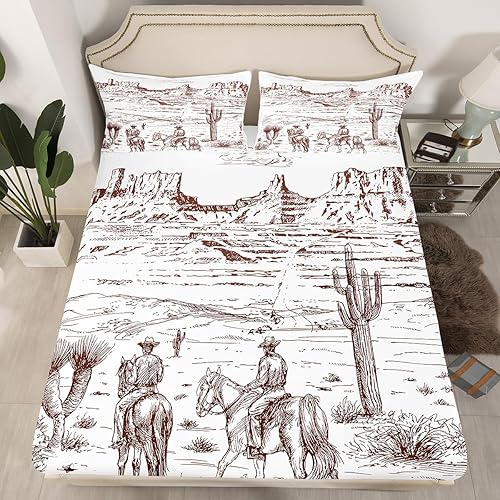 Erosebridal Sábana bajera ajustable de vaquero, tamaño matrimonial, desierto salvaje oeste americano, rústico, ilustración dibujada a mano, para