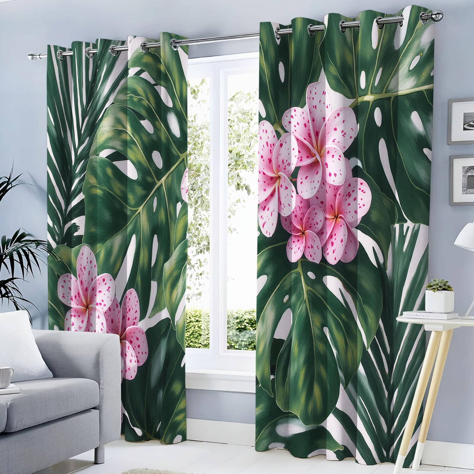 Rideau fleur vert 140x175 cm par lot de 2 avec imprimé tropical monstera pour chambre
