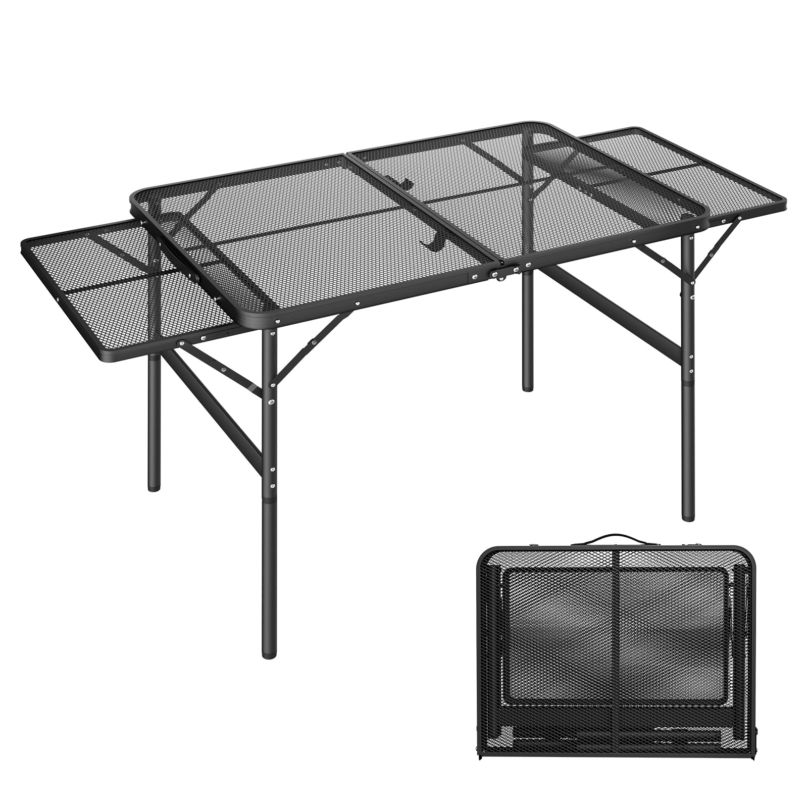 AufuN Tavolo da campeggio portatile, 90 x 60 x 39 cm, regolabile in altezza, pieghevole, multifunzione, con griglia in metallo, pieghevole, da giardino, da spiaggia, da picnic