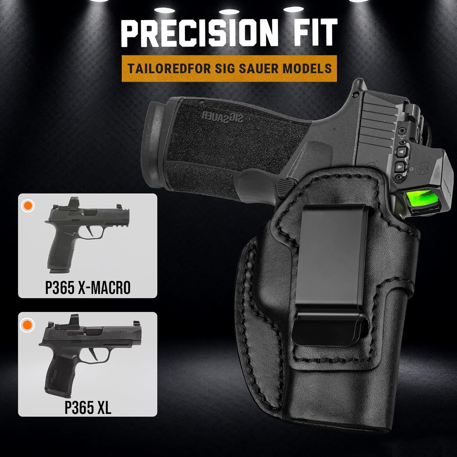 Premium IWB Leather Holster for P365 X Macro & P365XL, Optic-Ready Concealed Carry Holster for P365X-Macro, Steel Clip Fits 1.75" Belt, Inside Waistband, Black Color, Right/Left Hand