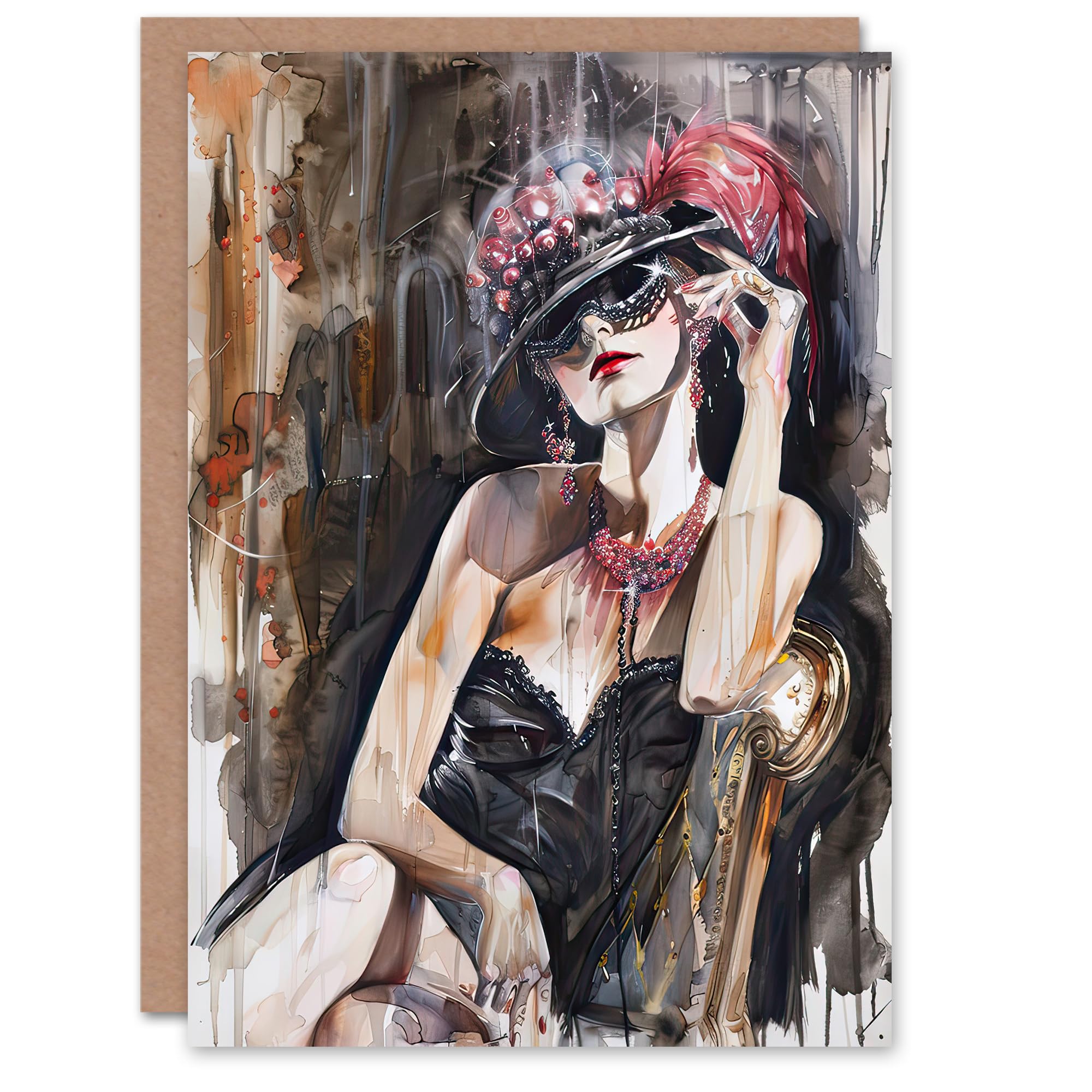 Artery8 Greeting Card Dark Modern Flapper Girl Venetian Mask Portrait For Her Woman Birthday Card