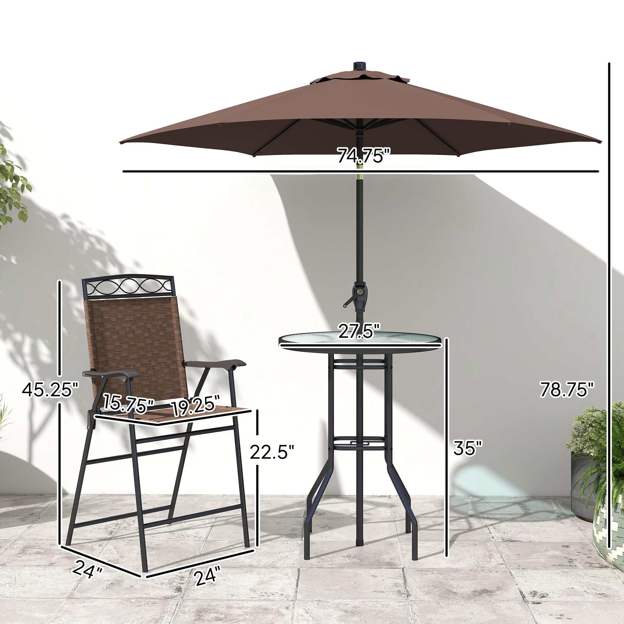 Juego de 4 muebles de comedor para patio al aire libre, 2 sillas plegables, paraguas de ángulo ajustable, mesa de comedor de vidrio templado con textura ondulada, color marrón 7