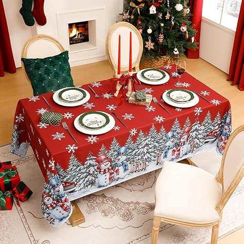 Miniatura 2 de Softalker Mantel rectangular de Navidad de 60 x 84 pulgadas, mantel rojo de invierno, muñeco de nieve, camión, resistente a las manchas, para
