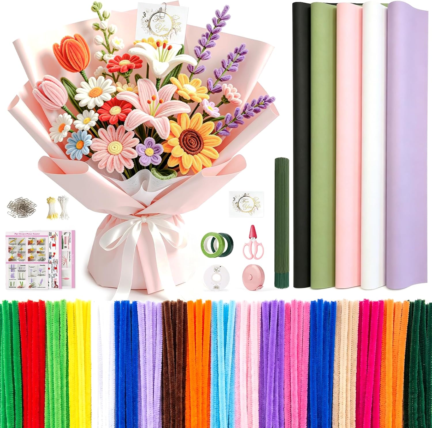 1800 PCS Pipe Cleaners Craft, Pipe Cleaner Flower Kit, 18 Colors Pipe Cleaners Bulk, Pipe Cleaners Flowers for Family Fun & Creativity, Holiday & Room Decorations, Art and Craft Supplies