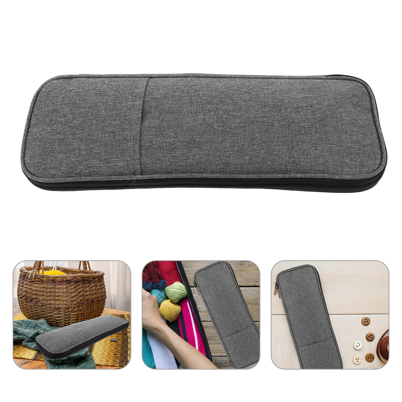 Estuche para Agujas de Crochet Portátil de Tela Oxford Gris, Organizador Multifuncional para Manualidades y Costura, Bolsa Larga para Agujas de Tejer de 35 Cm, Almacenamiento