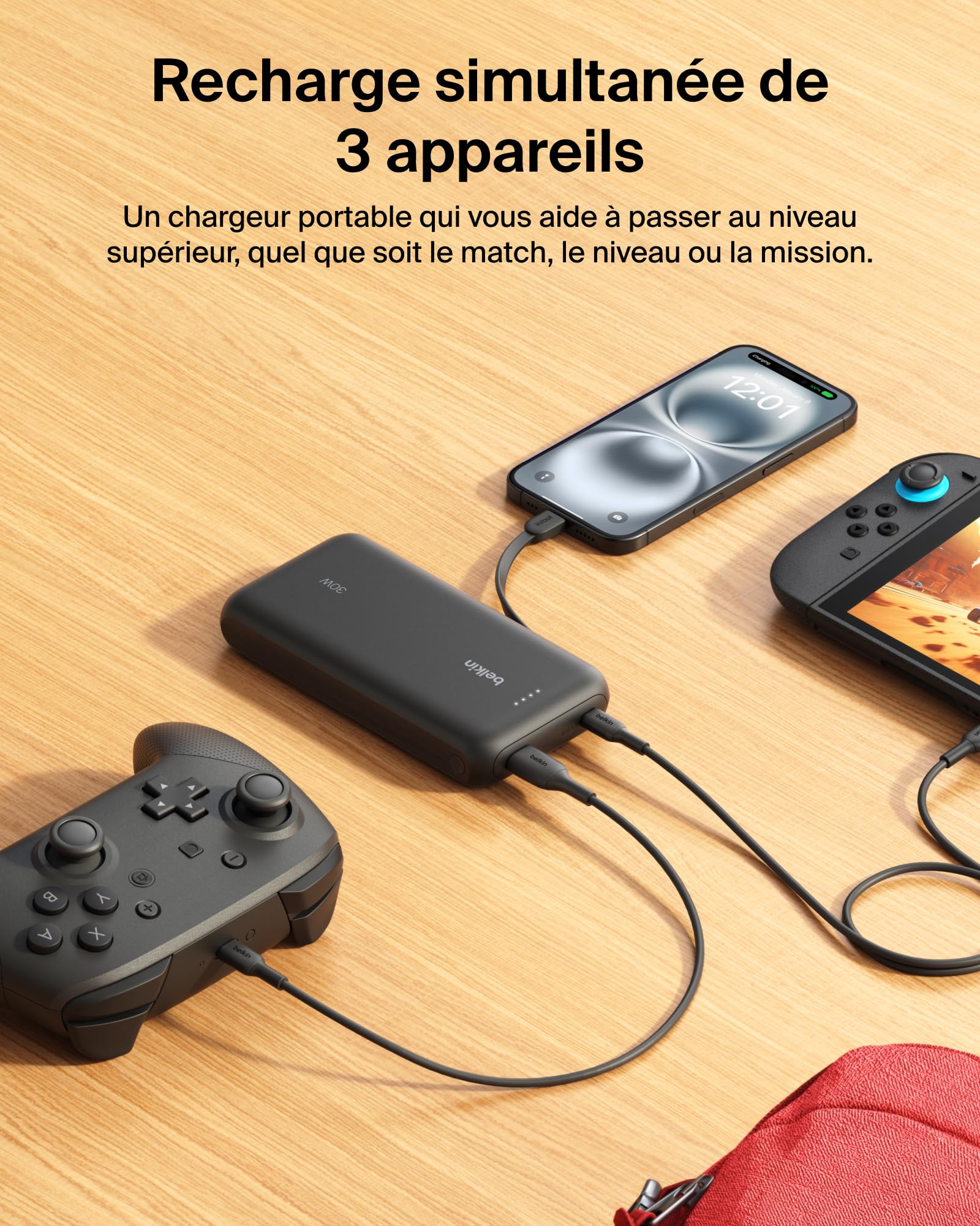 Belkin Gaming Batterie Externe 20000mAh, 30W avec câble USB-C intégré (Recharge Rapide USB-C PD, Chargeur Portable pour Nintendo Switch 2, iPhone 16, iPad Pro, Galaxy S25, etc., Noir)