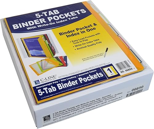 Miniatura 5 de C-Line Bolsillos para carpetas de 5 pestañas con pestañas de índice para escribir, colores surtidos, 8.5 x 11 pulgadas, 5 bolsillos por juego