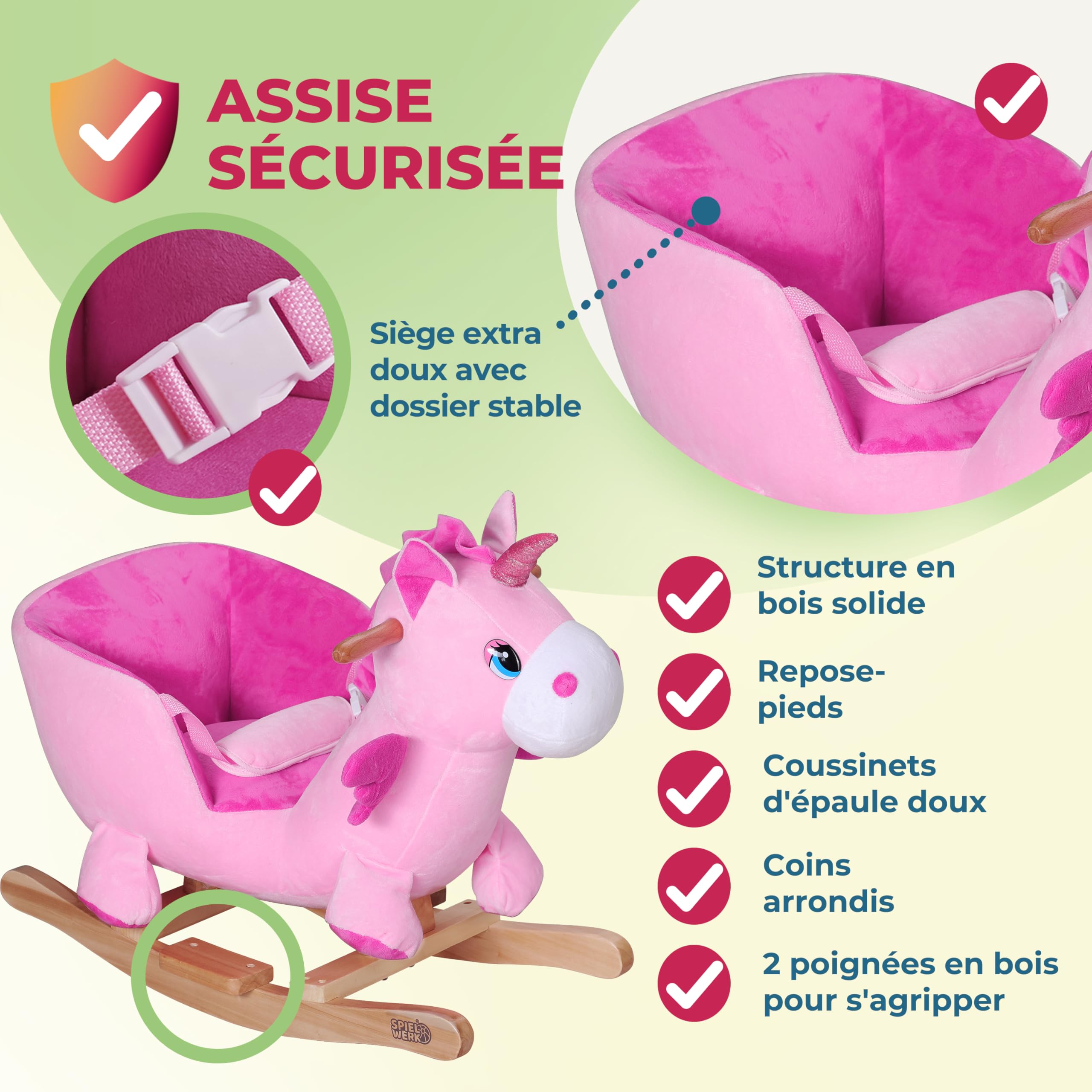 SPIELWERK® Licorne à Bascule Animal à Bascule en Peluche Ceinture sécurité Entraînement équilibre Fonction sonore Cheval Doux