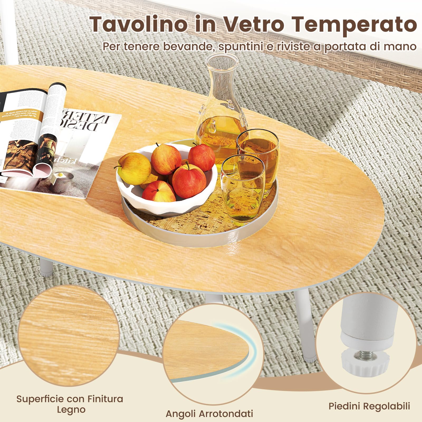 COSTWAY Set Salotto da Giardino 4 Pezzi, Divanetto in Rattan PE e 2 Poltrone con Cuscini Morbidi, Tavolo in Vetro Temperato, Set di Mobili da Esterno per Balcone, Veranda, Giardino e Cortile