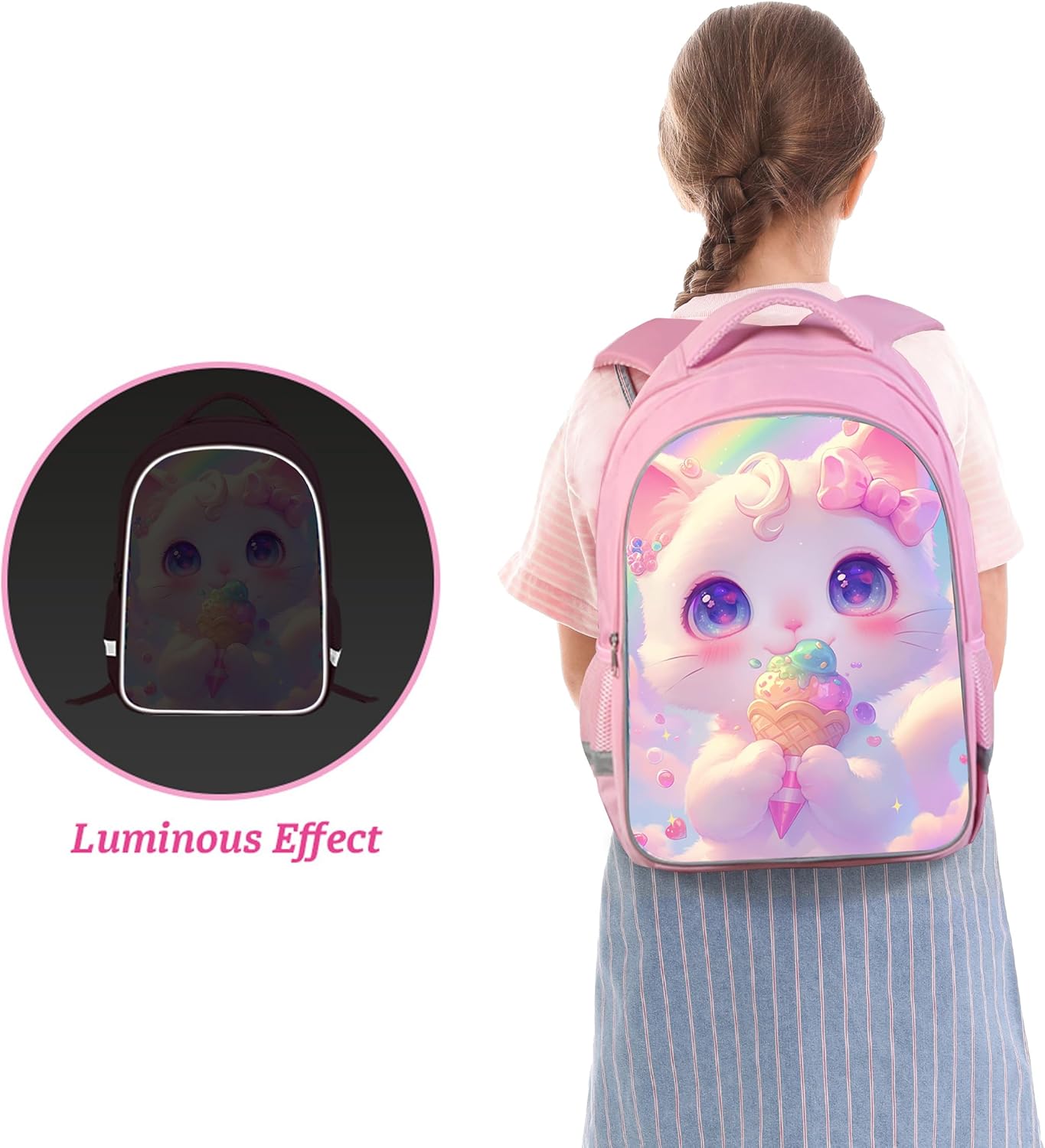 School Backpack for Girls Cute Cat Backpack for Kids School Bag for Elementary Preschool 17" Rainbow Bookbag for Toddler - Image 2
