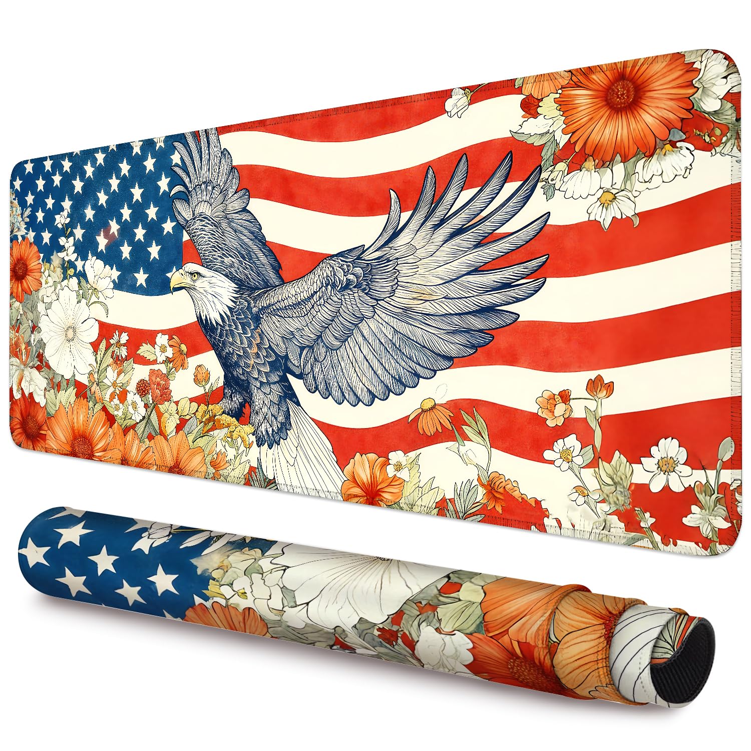 Patriotic American Flag Eagle Gaming Mouse Pad 35.4"x15.7",Waterproof XXL Extended Keyboard Desk Mat with Stitched Edges&Non-Slip Rubber Base for Office Home