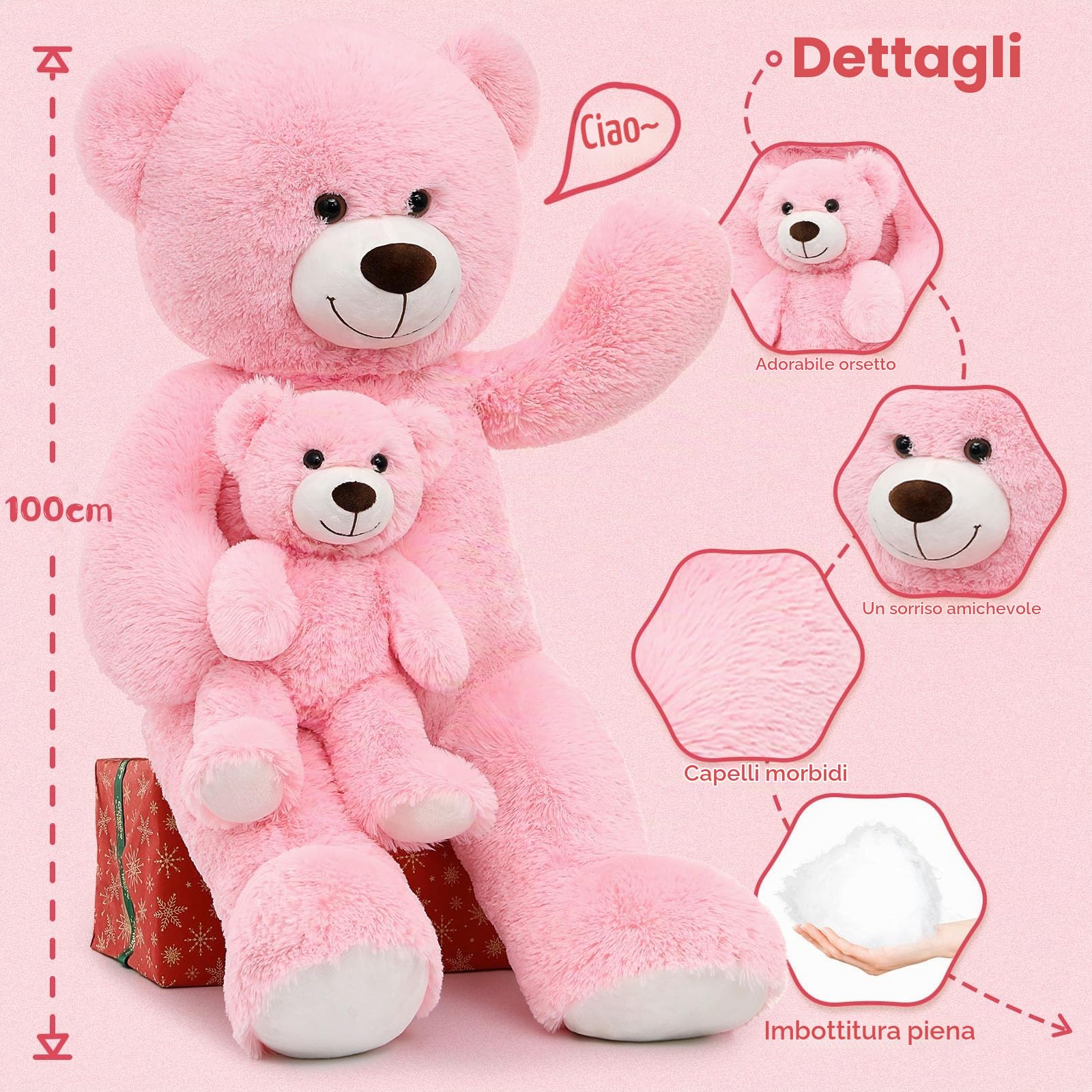MorisMos 100cm Orso Peluche Gigante, XXL Rosa Orsacchiotto Peluche con Bambino, Orsetto Pupazzo Grande Teddy Bear Regalo per Bambino Lei Lui Fidanzata Compleanno Decorazioni