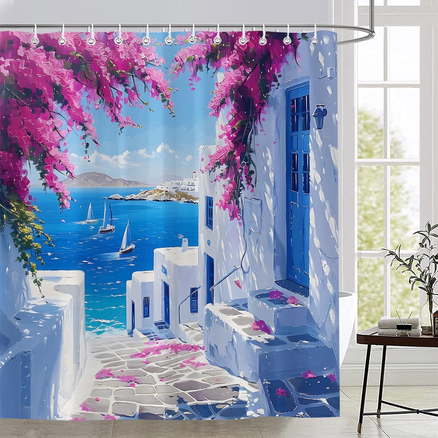 Landscape Shower Curtain Santorini Greece White Architecture Purple Flower Blue Ocean Mediterranean Natural Scenery Polyester Fabric Bathroom Decor Set with Hooks 70X96 Inch, YL192AT-180X243CM