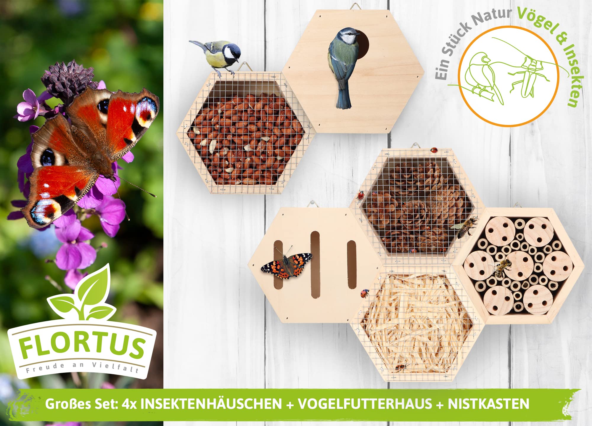 FLORTUS Set aus Insektenhotels, Vogelfutterhaus und Nistkasten im Set | Insektenhotels kombinierbar | Bienenhotel Schmetterlingshaus Marienkäferhaus