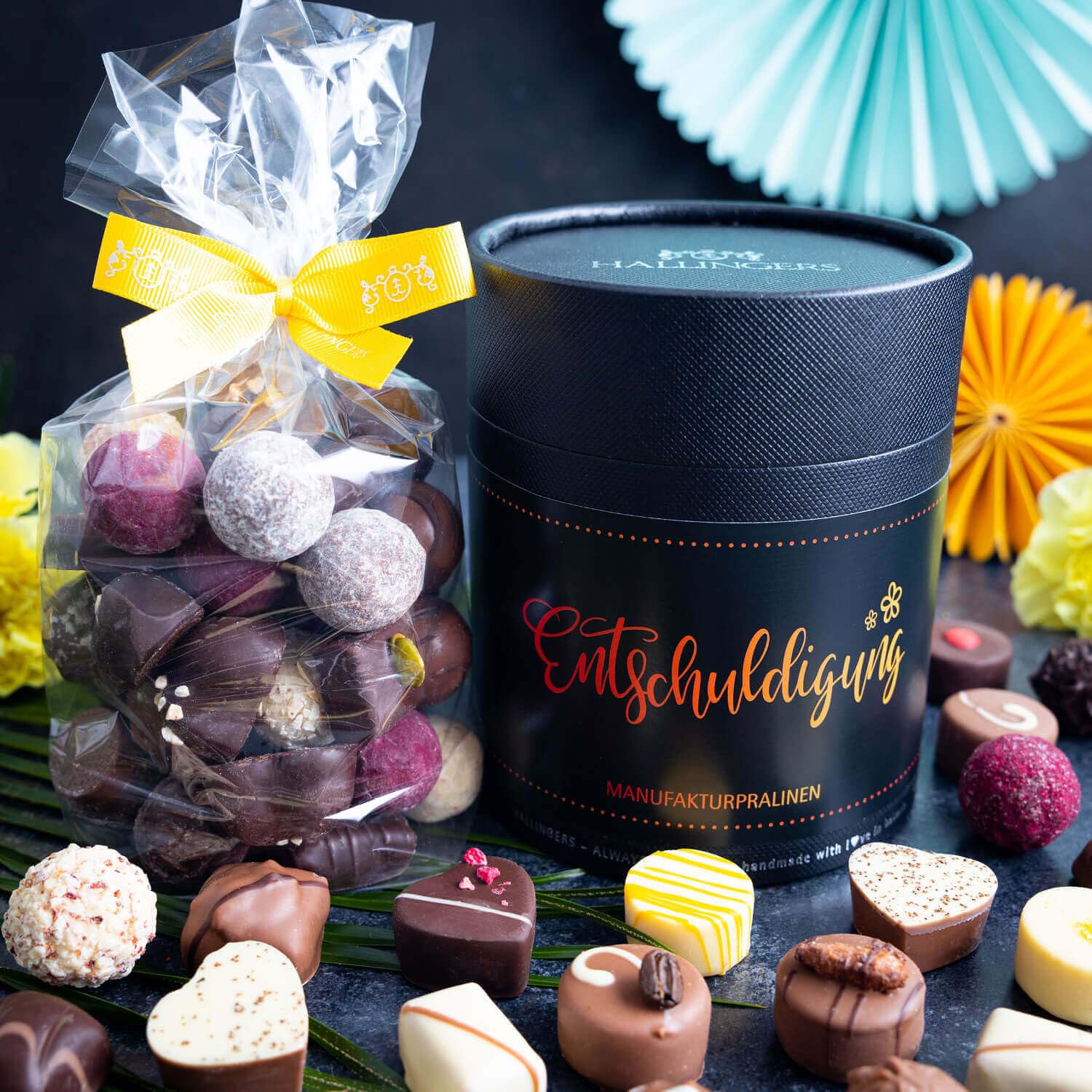 Hallingers Genuss Manufaktur Pralinen Glückwunsch-Geschenk - ohne Alkohol, handmade aus Confiserie-Edelkakao in wertiger XXL-Geschenkdose "Entschuldigung", Geschenkidee für Frauen Männer