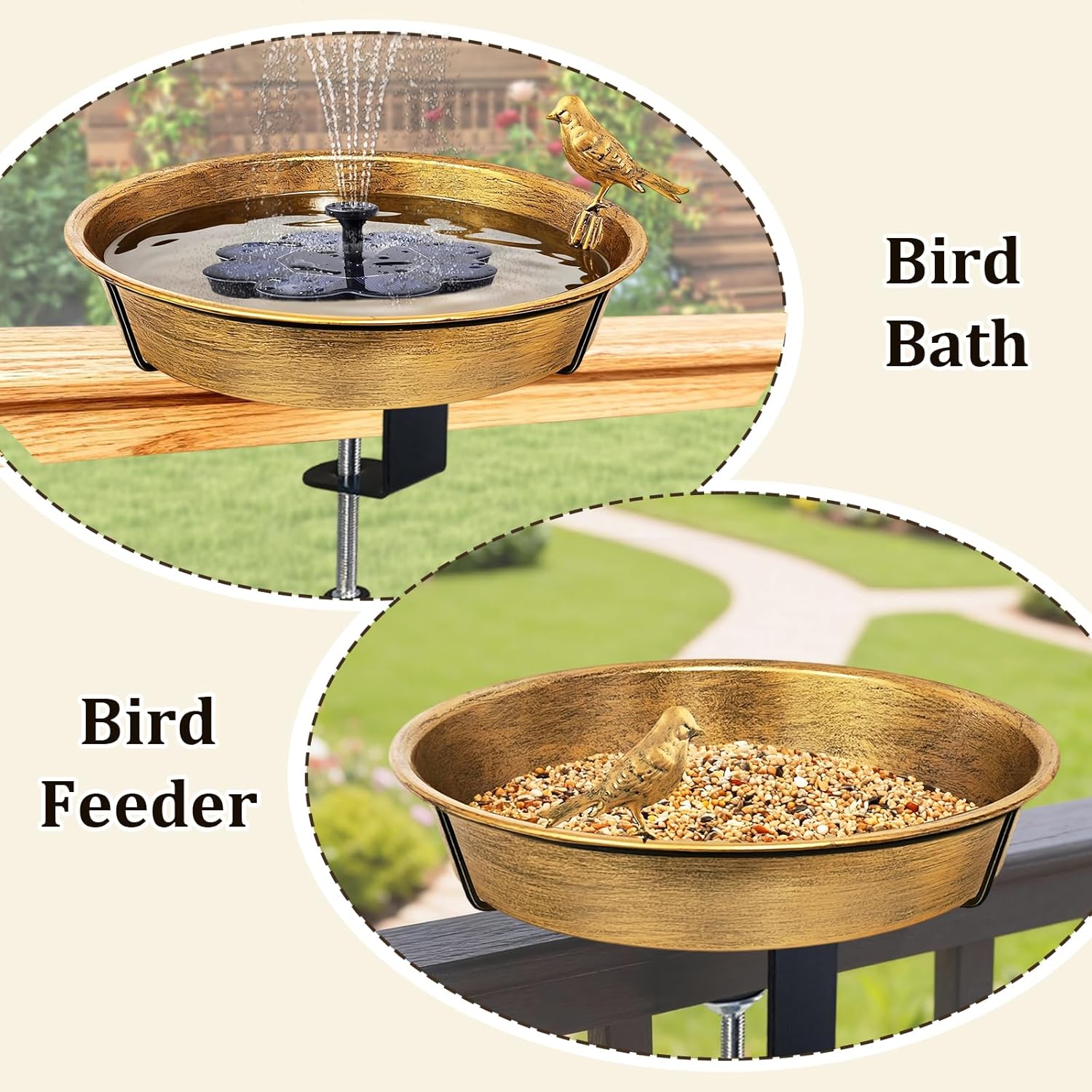 Deck Bird Bath for Outside, 11.5” Antique Bronze Birdbath Bowl & Feeder with Adjustable Clamp for Balcony Railing Outdoor Garden Yard Decor