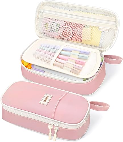 SUNEE Cute Pencil Case, Aesthetic Pen Pouch, Colored Large Pencil Bag with Zipper, Kawaii Stationery Storage and Organizer, Pink School Supplies for