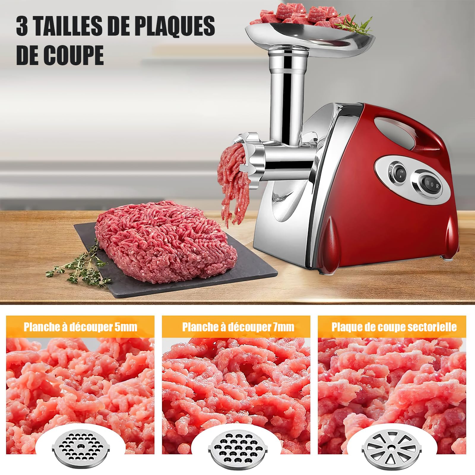 Hachoir Viandes Électrique, 2800W Hachoir Électrique, 3 en 1 Hachoir à Viande Acier Inoxydable avec 3 plaques de Broyage en Acier Inoxydable et Kubbe, Hachoir a Viande pour Légumes Saucisses (Rouge)