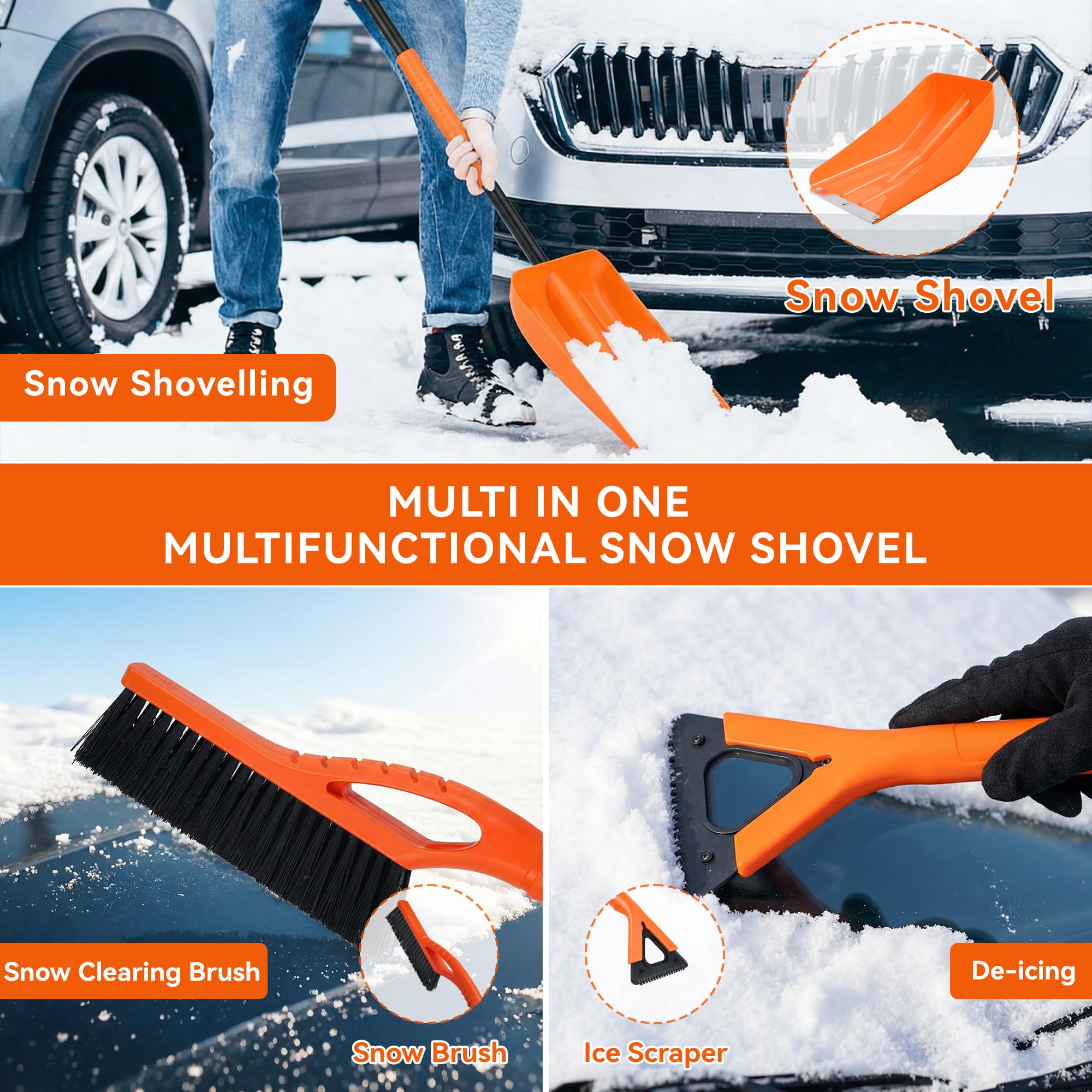 Kit de pala de nieve plegable 3 en 1, con cepillo de nieve y raspador de hielo, rascador de nieve de 127 cm con varilla telescópica, ideal para limpiar la nieve de calzadas, pavimentos, techos de — view 4