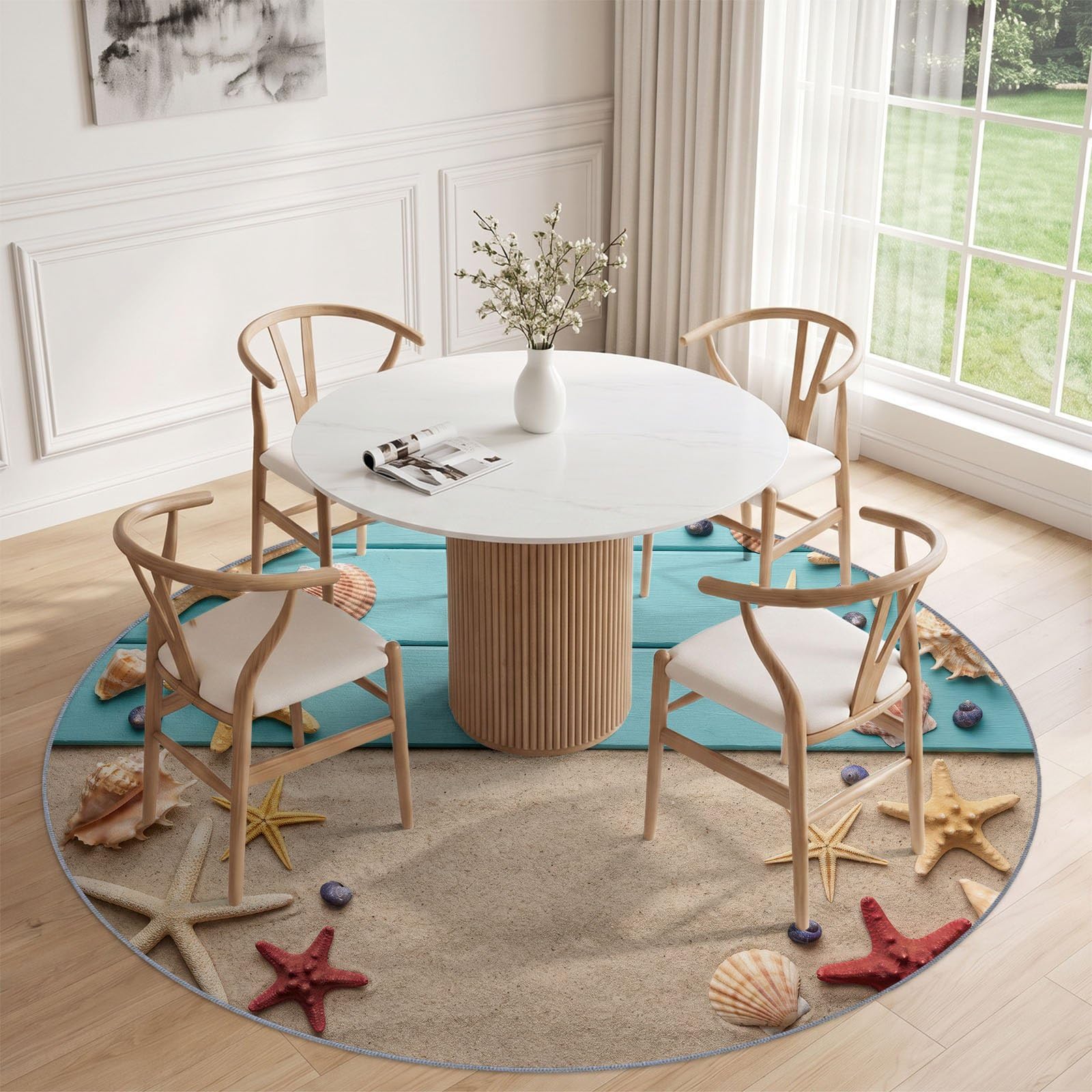 Tapis Rond Cotier Tropical 120 cm, Etoiles De Mer Coquillages Plage Lavable en Machine pour Salon, Bleu Antidérapant, Poil Court Tapis Rond Imprimé pour Chambre d’Enfant Nurserie