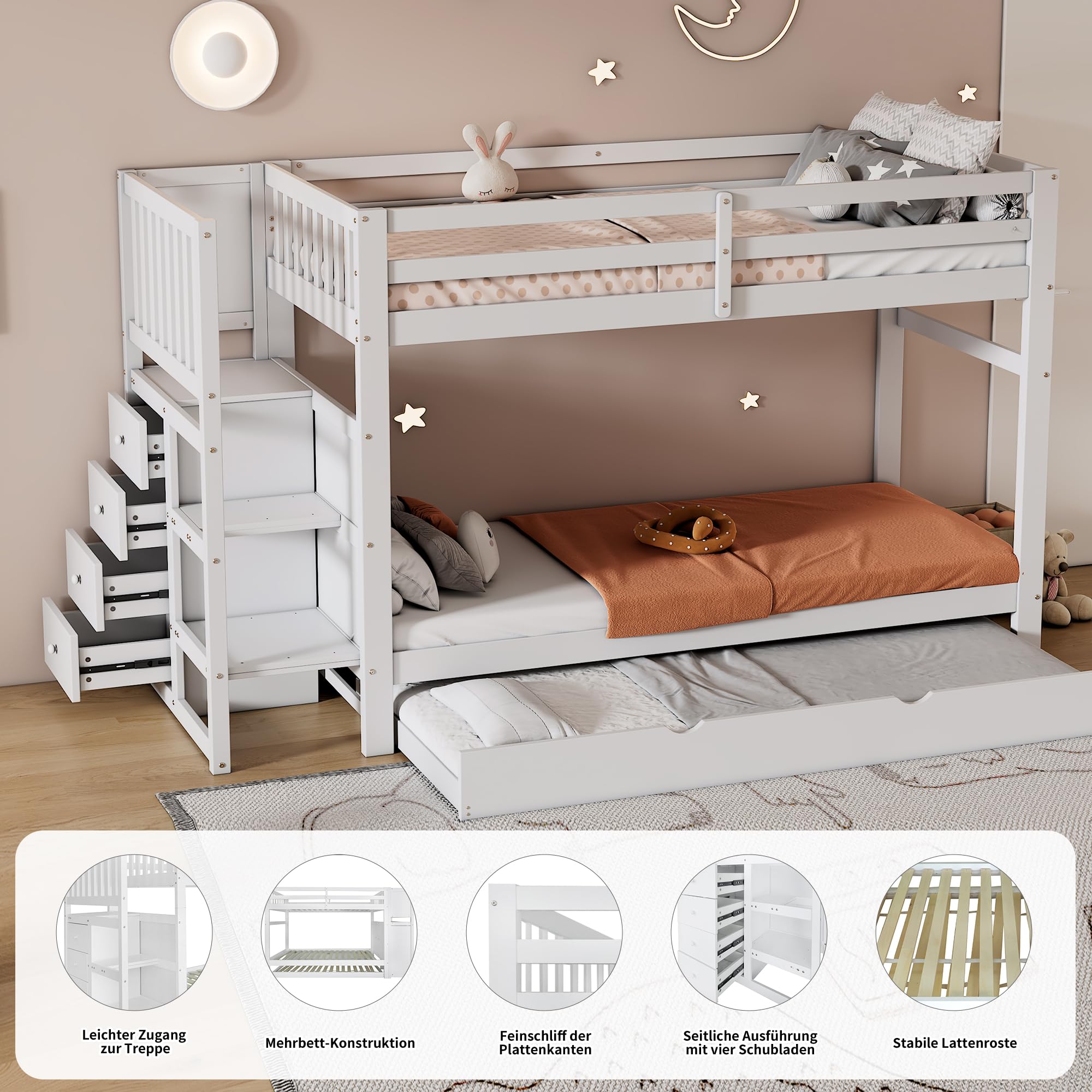 Letto A Castello 90x200 Con Cassetti - Legno Pino E MDF - Foto 7